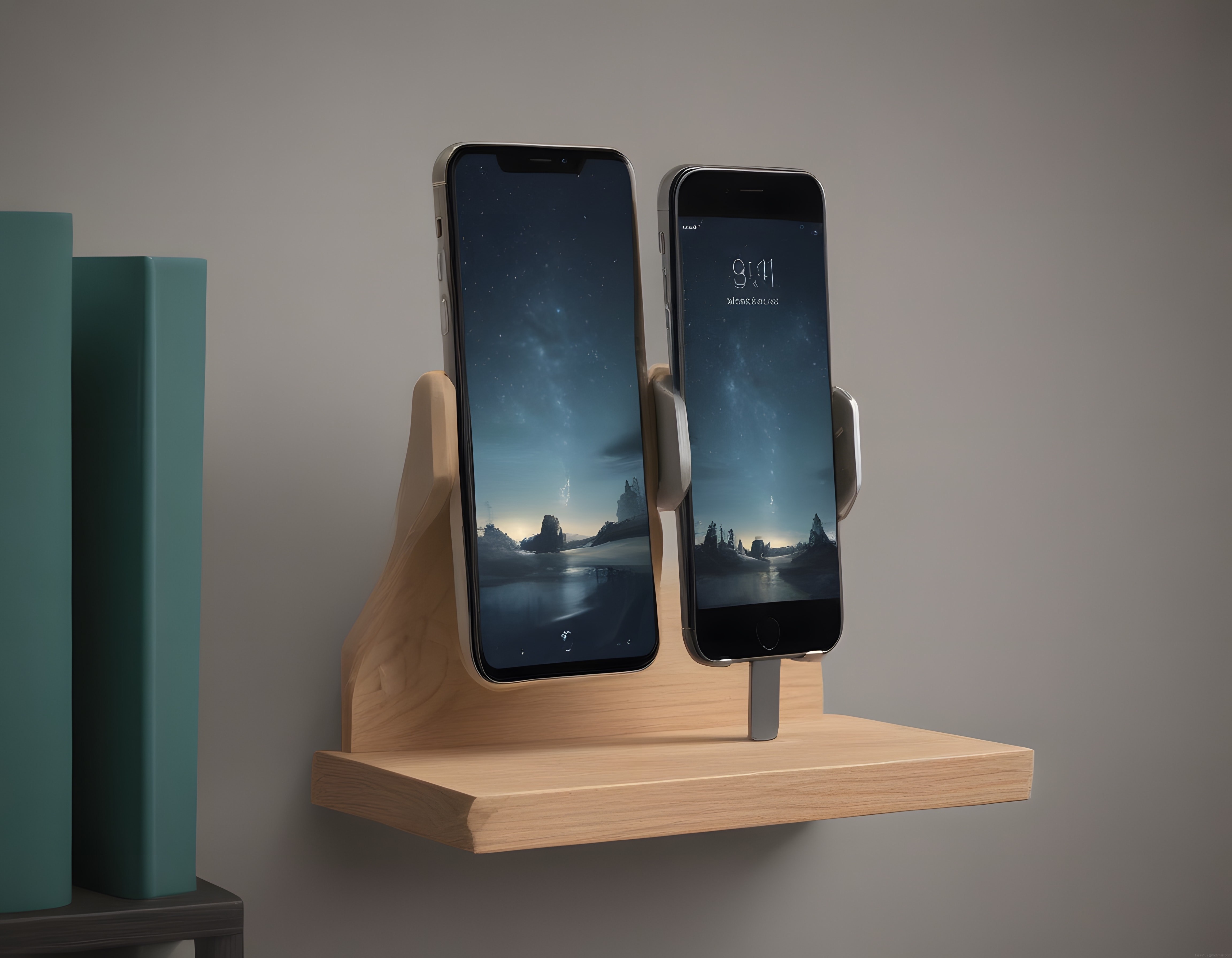 Ahşap Masaüstü Standında İki iPhone ve Kitaplarla Minimalist Düzen