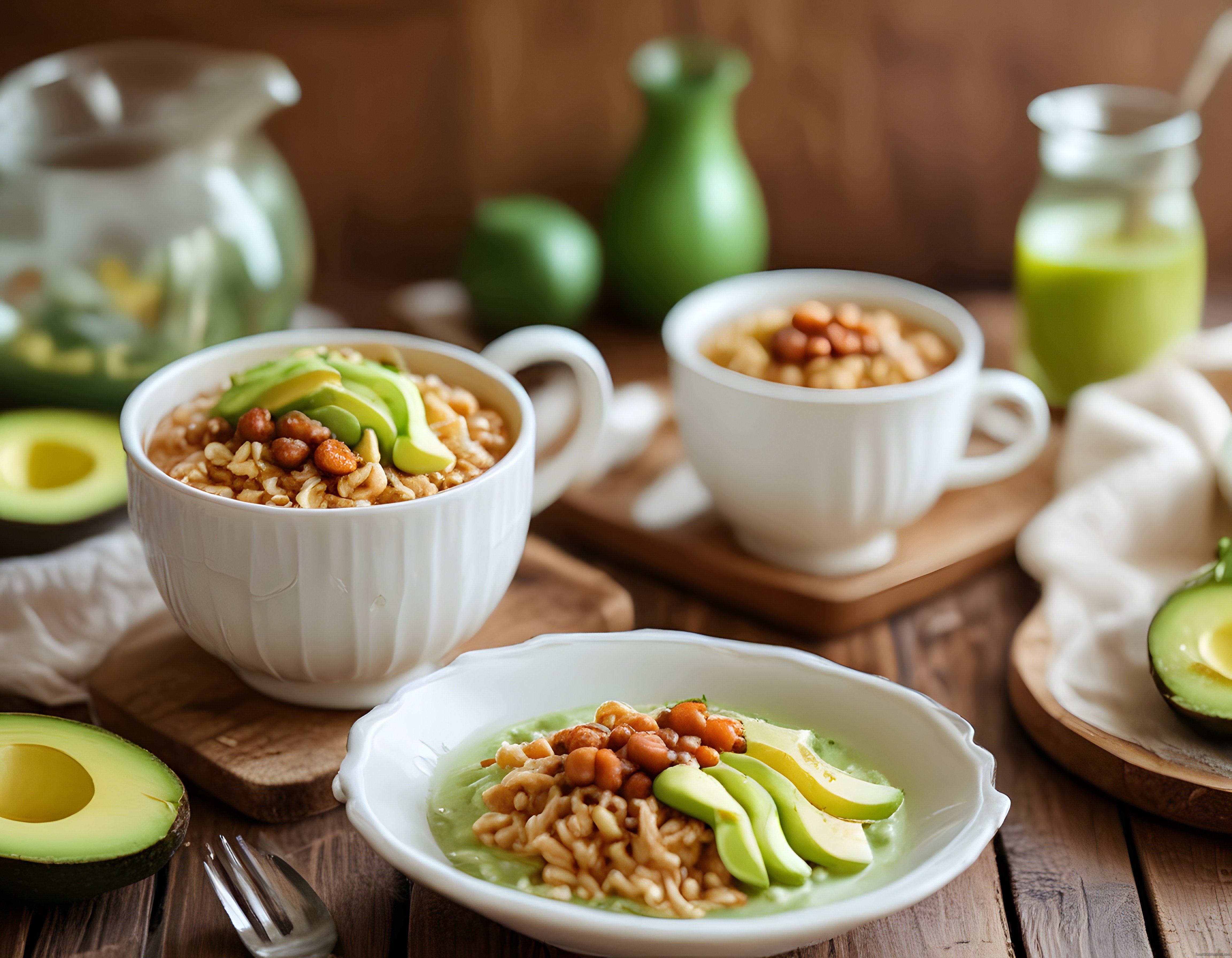 Ahşap Mutfak Masasında Avokadolu Fındıklı Vegan Kahvaltı Kaseleri