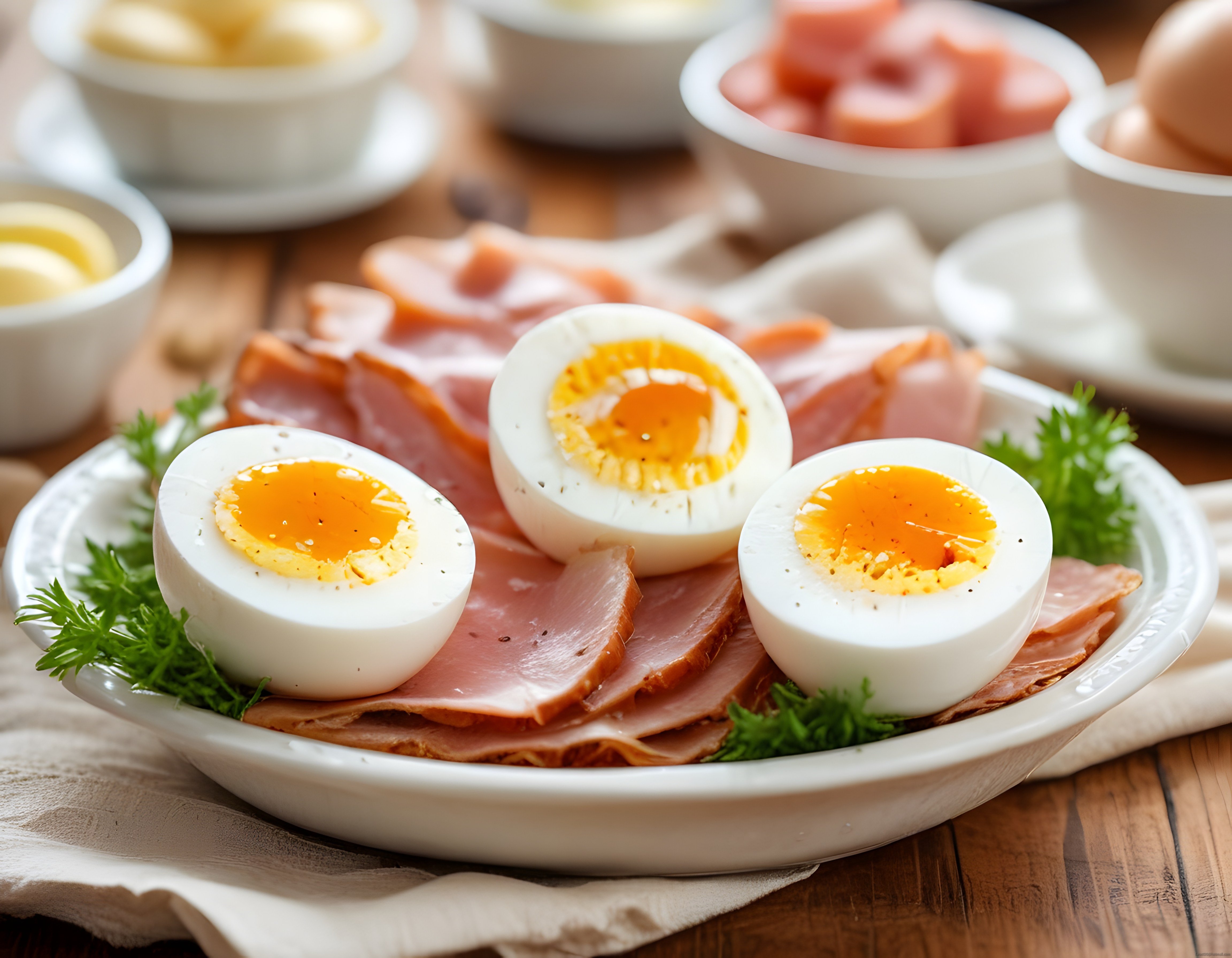 Ahşap Mutfak Masasında Jambon Eşliğinde Yumuşak Haşlanmış Yumurta Kahvaltısı