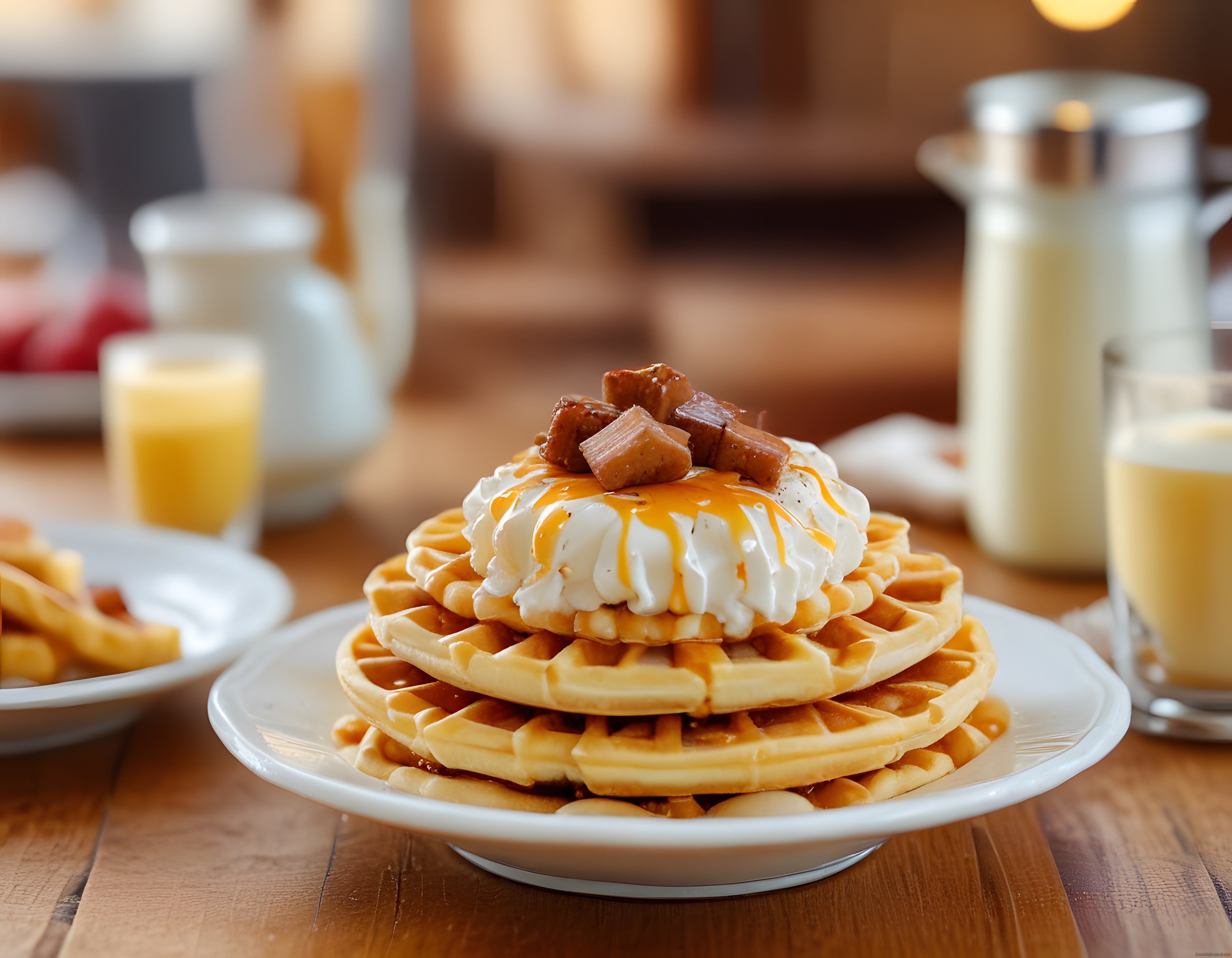 Ahşap Mutfak Masasında Karamel Soslu ve Kremalı Waffle Kahvaltı Sunumu