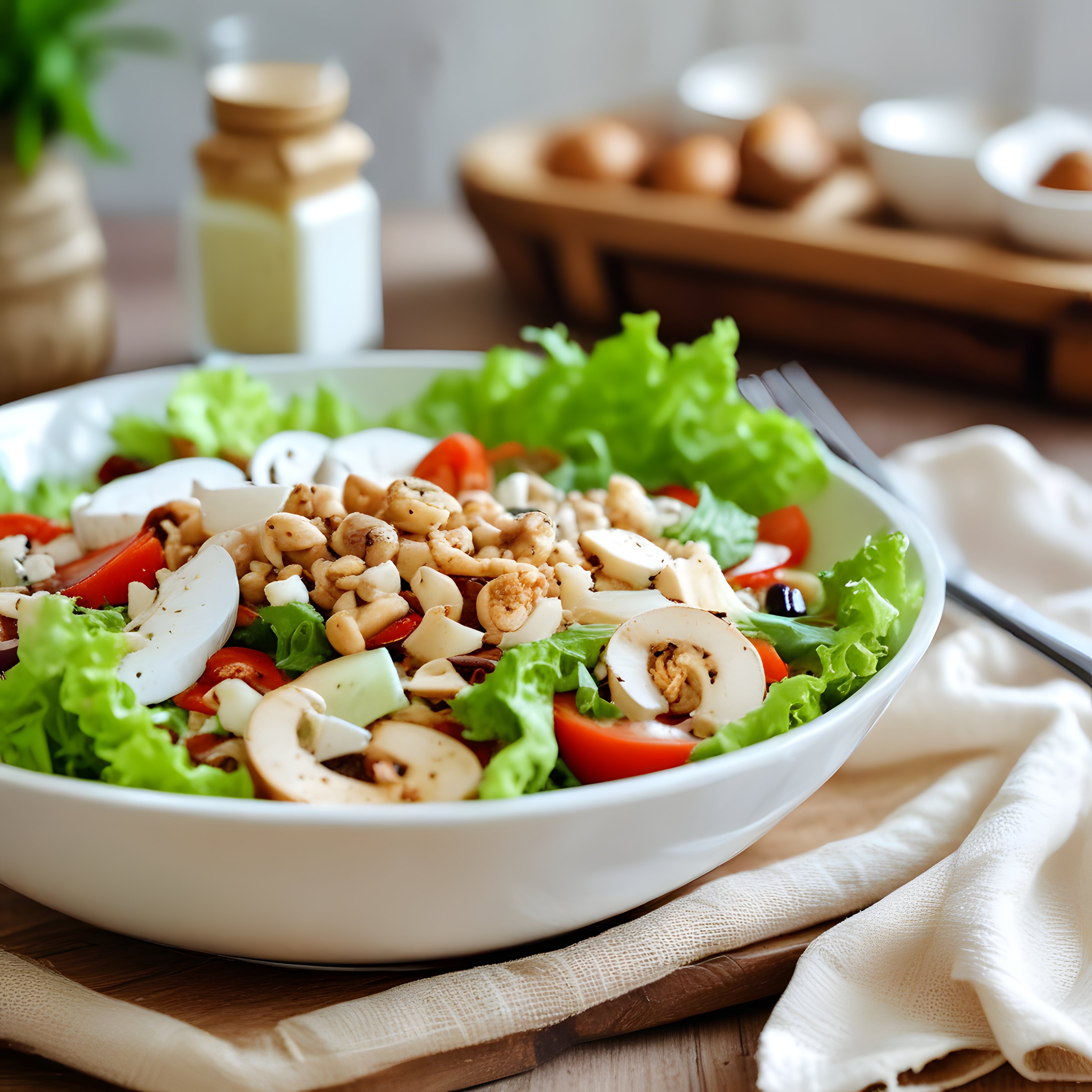 Ahşap mutfak masasında kase içinde taze salata, mantar ve peynir sunumu