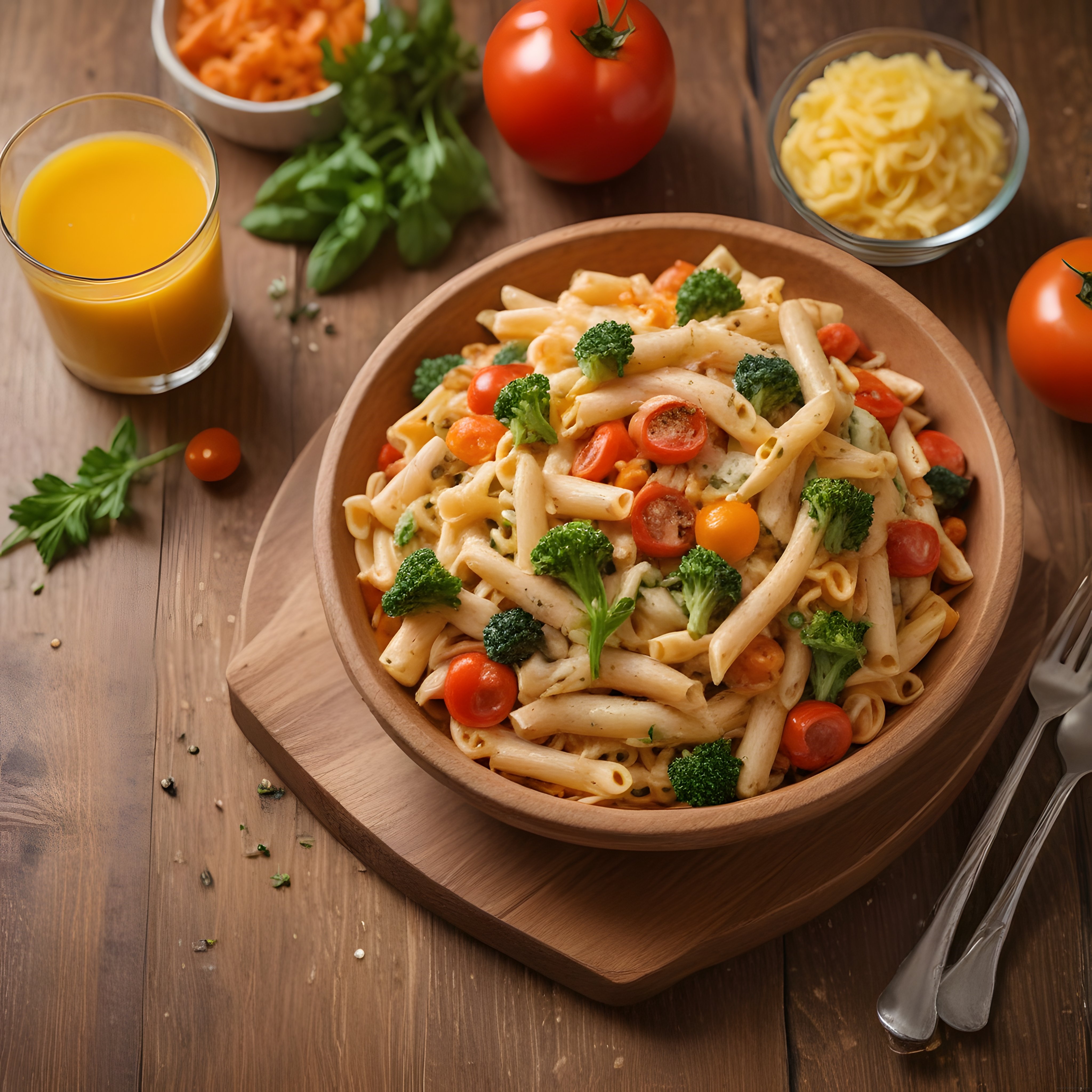Ahşap mutfak masasında kremalı sebzeli penne makarna ve portakal suyu sunumu