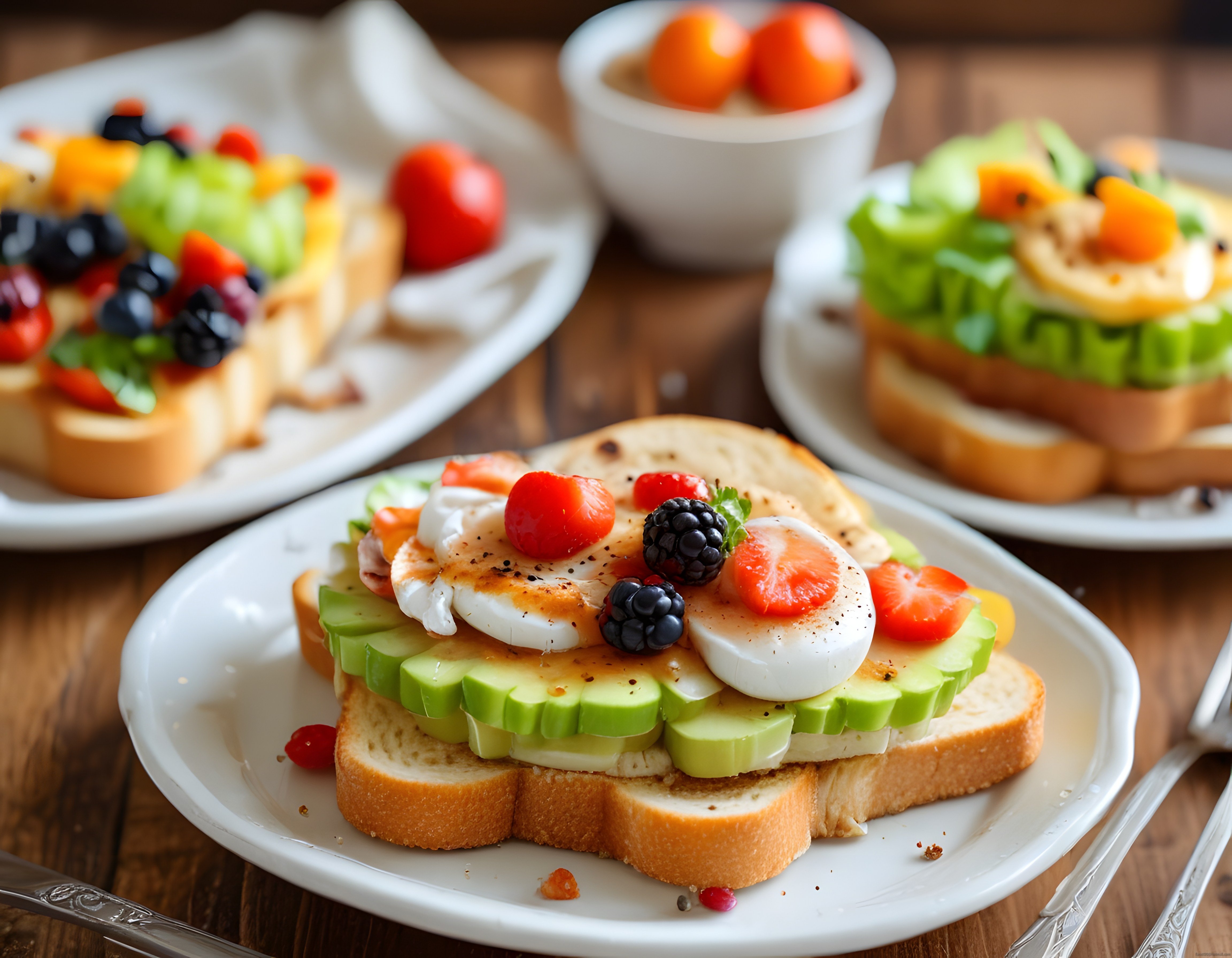 Ahşap Mutfak Masasında Renkli Meyveli ve Avokadolu Tost Sunumu