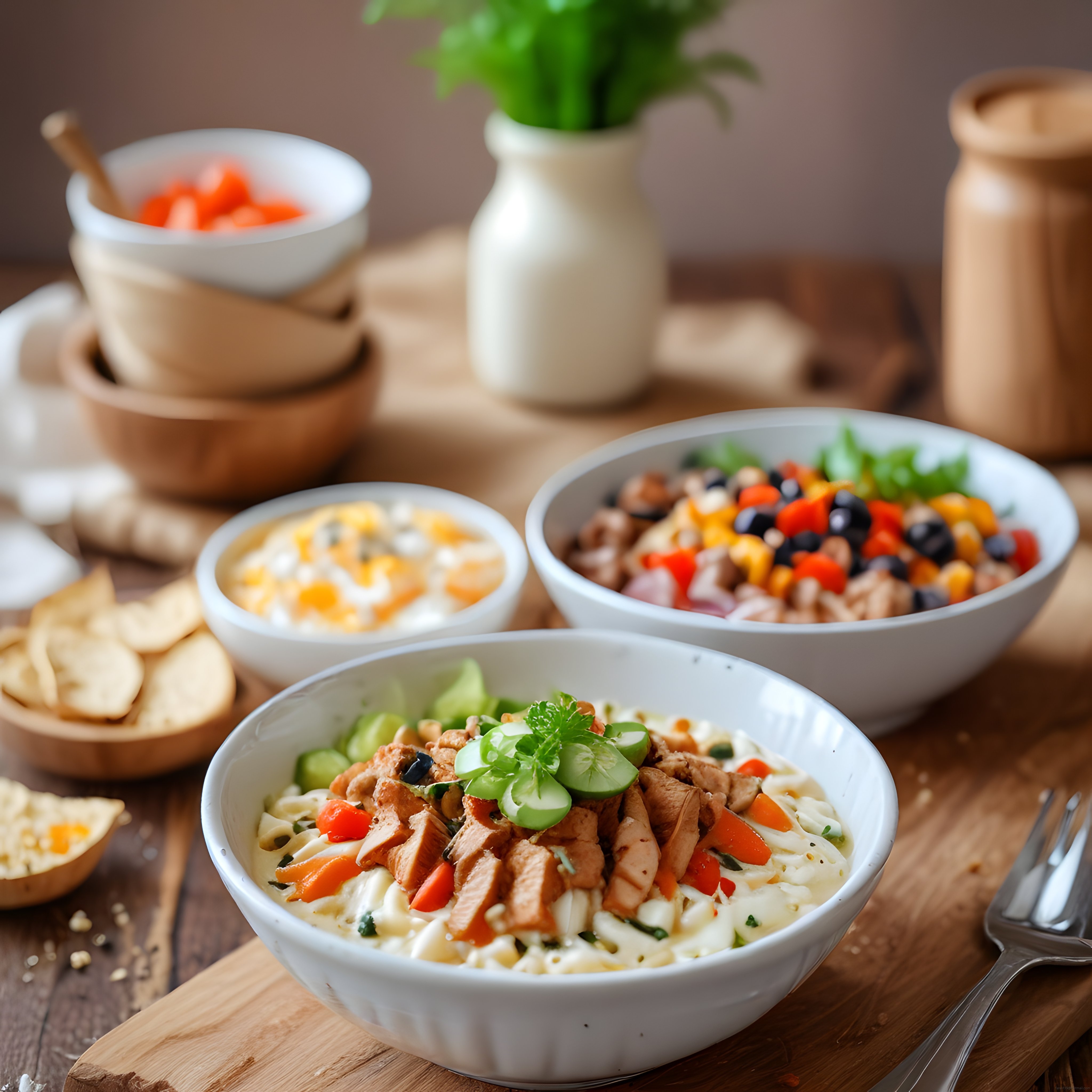Ahşap Mutfak Masasında Renkli Sebzeli ve Izgara Tavuklu Proteinli Bowl Sunumu