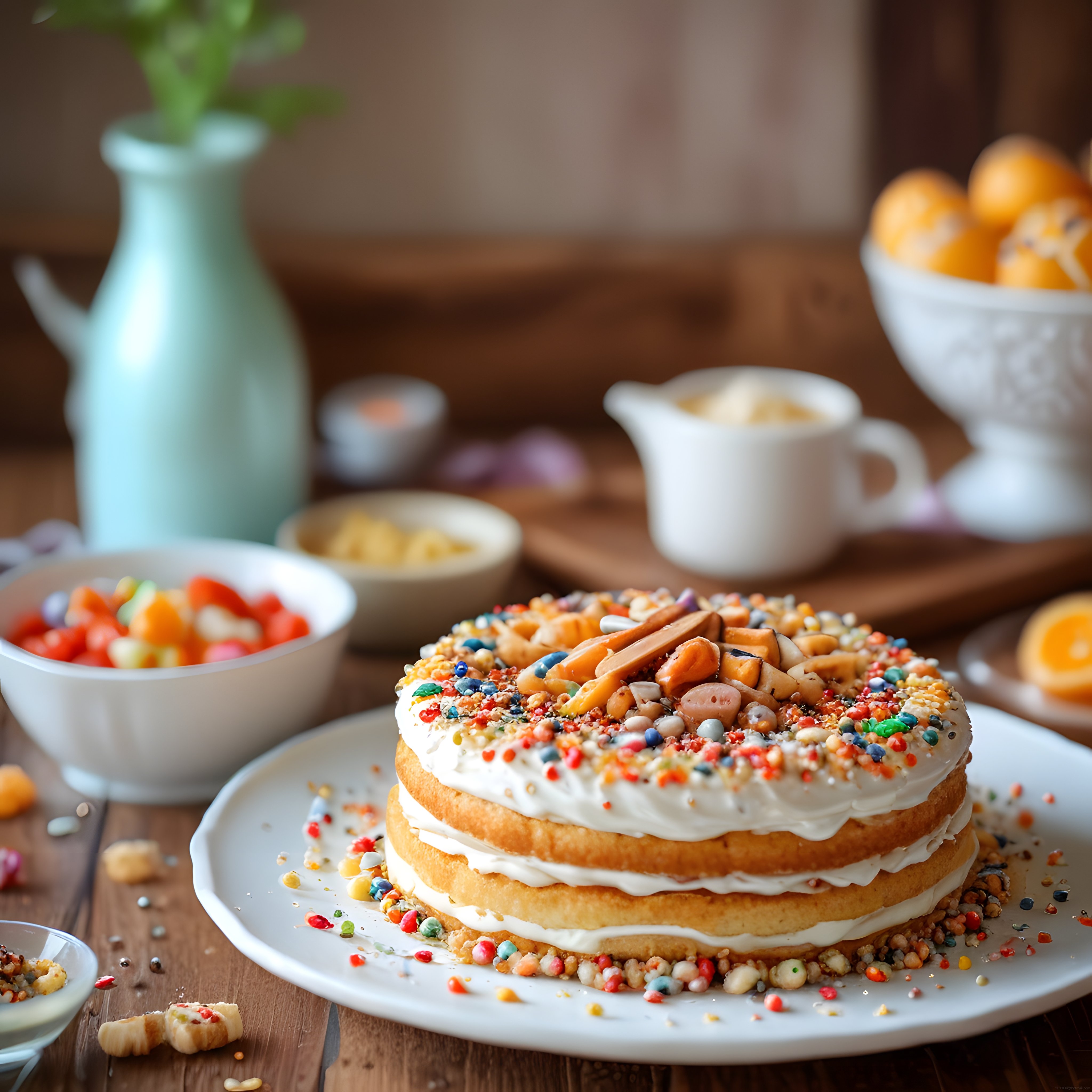 Ahşap Mutfak Masasında Renkli Sprinklı Katmanlı Pasta ve Kahvaltı Sunumu
