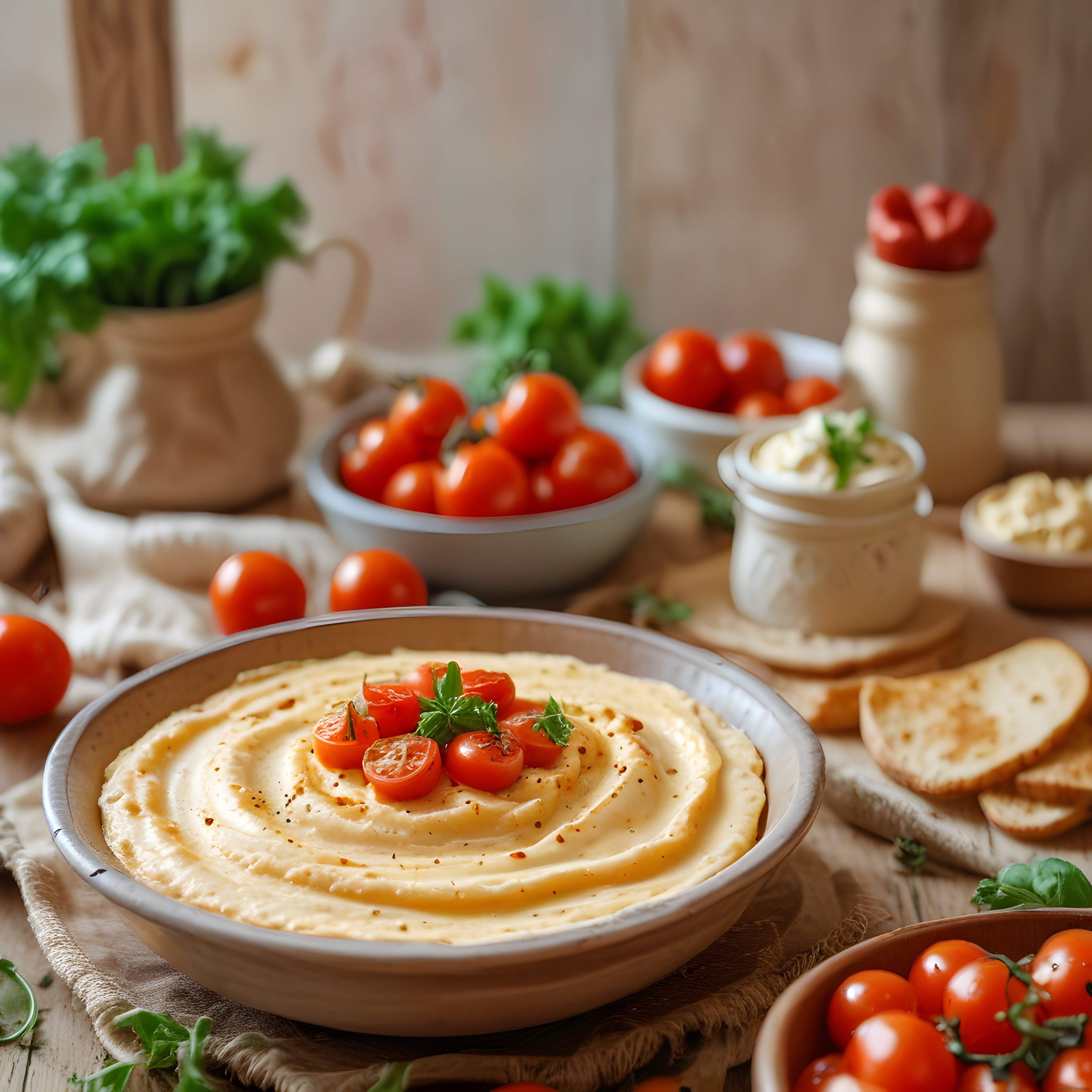 Ahşap Mutfak Masasında Taze Domatesli ve Fesleğenli Ev Yapımı Humus