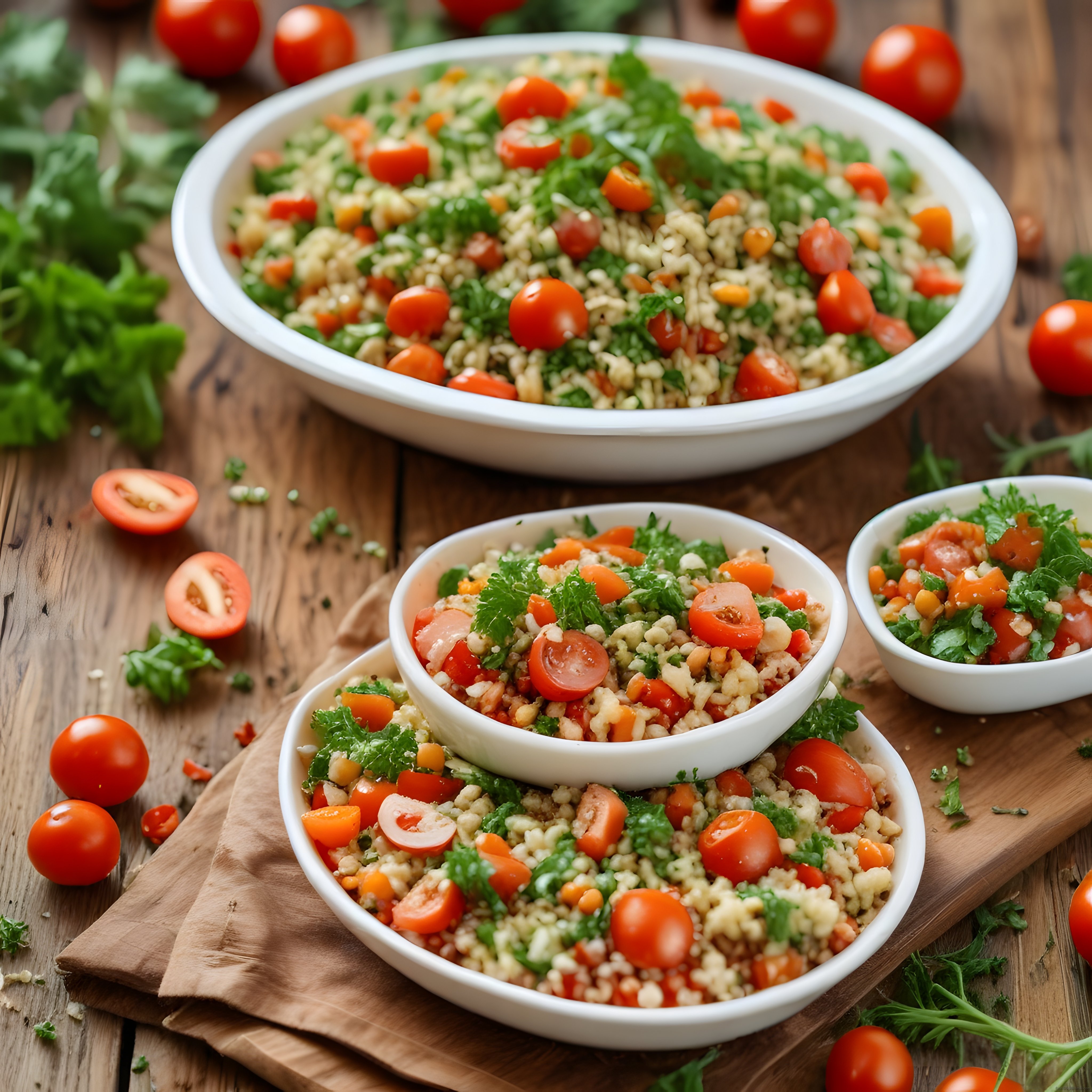 Ahşap Mutfak Masasında Taze Yeşillikli Bulgur Salatası Tarifi Sunumu