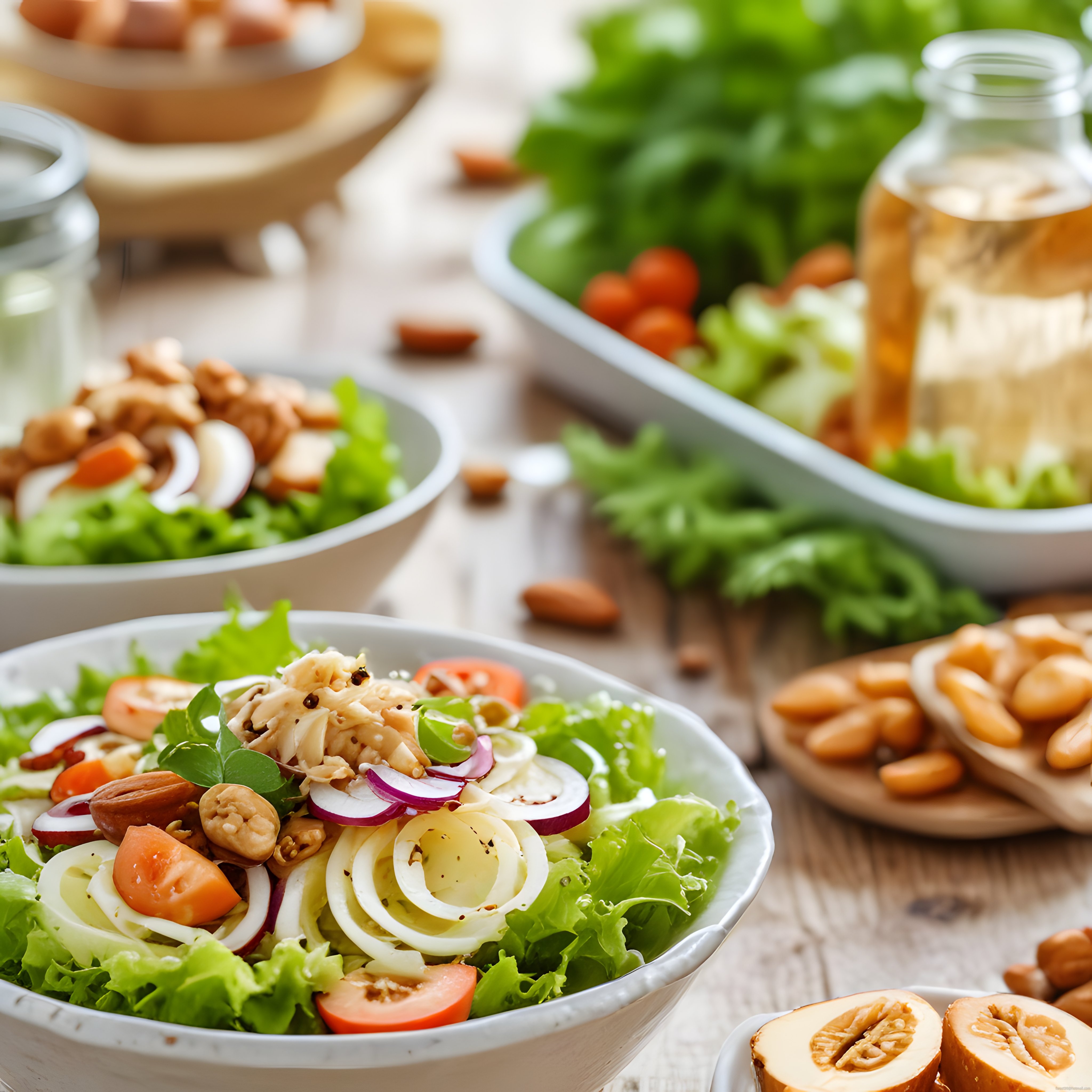 Ahşap mutfak masasında taze yeşillikli kuruyemişli sağlıklı salata ve ev yapımı sos