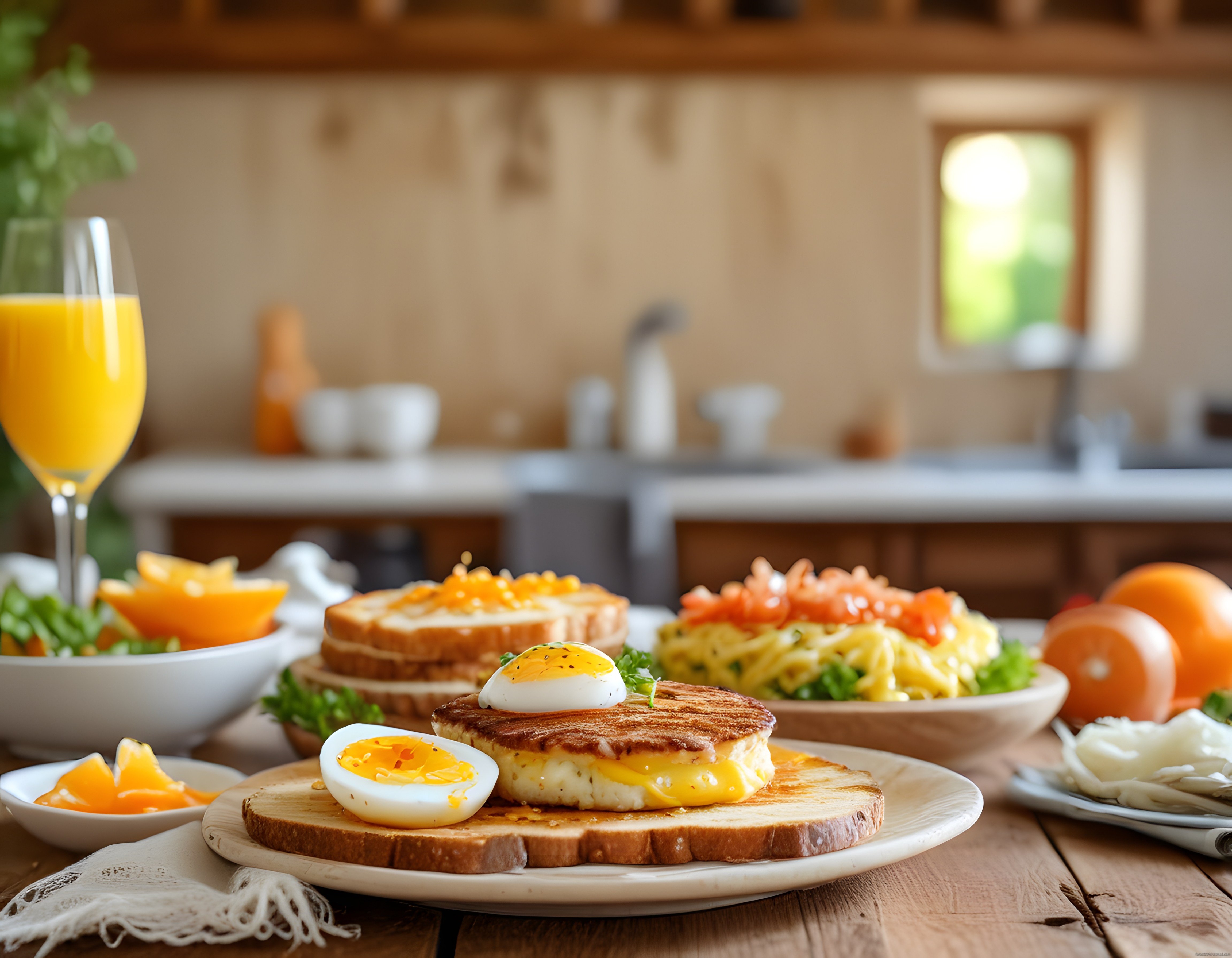 Ahşap Mutfak Masasında Tostlu ve Yumurtalı Sıcacık Kahvaltı Sunumu