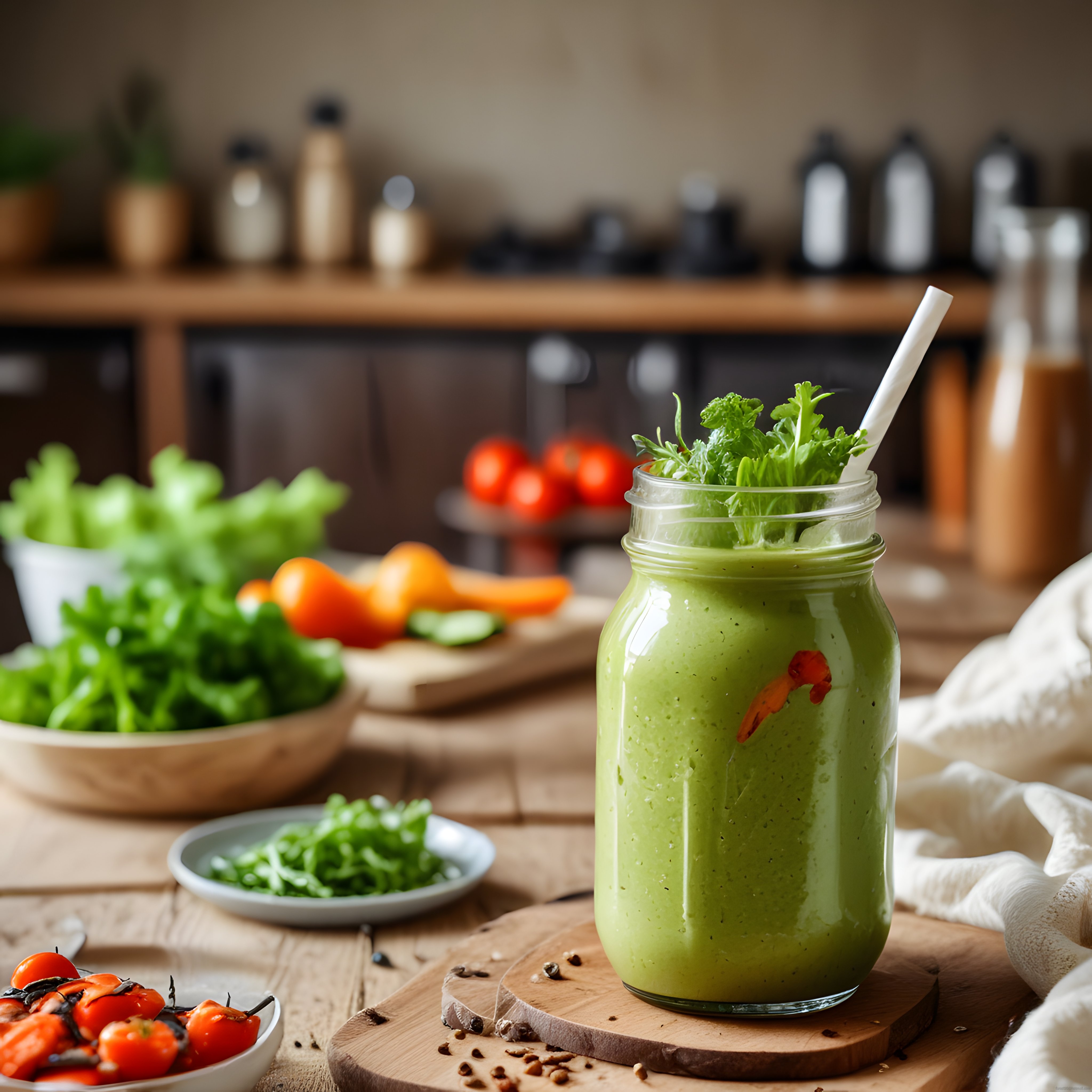 Ahşap Mutfak Tezgahında Ev Yapımı Ferahlatıcı Yeşil Detoks Smoothie