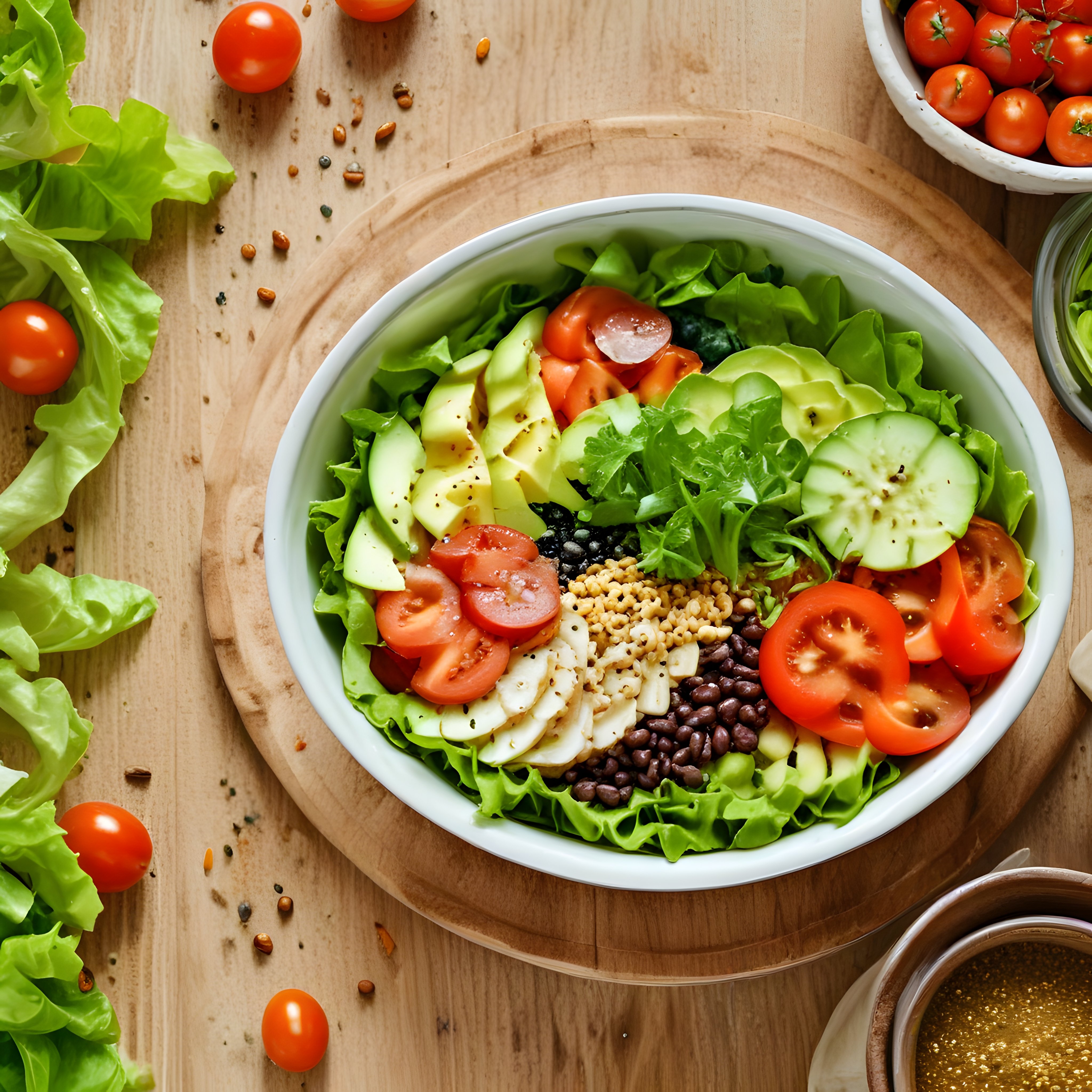 Ahşap Mutfak Tezgahında Hazırlanmış Gökkuşağı Taneli Avokado Salatası