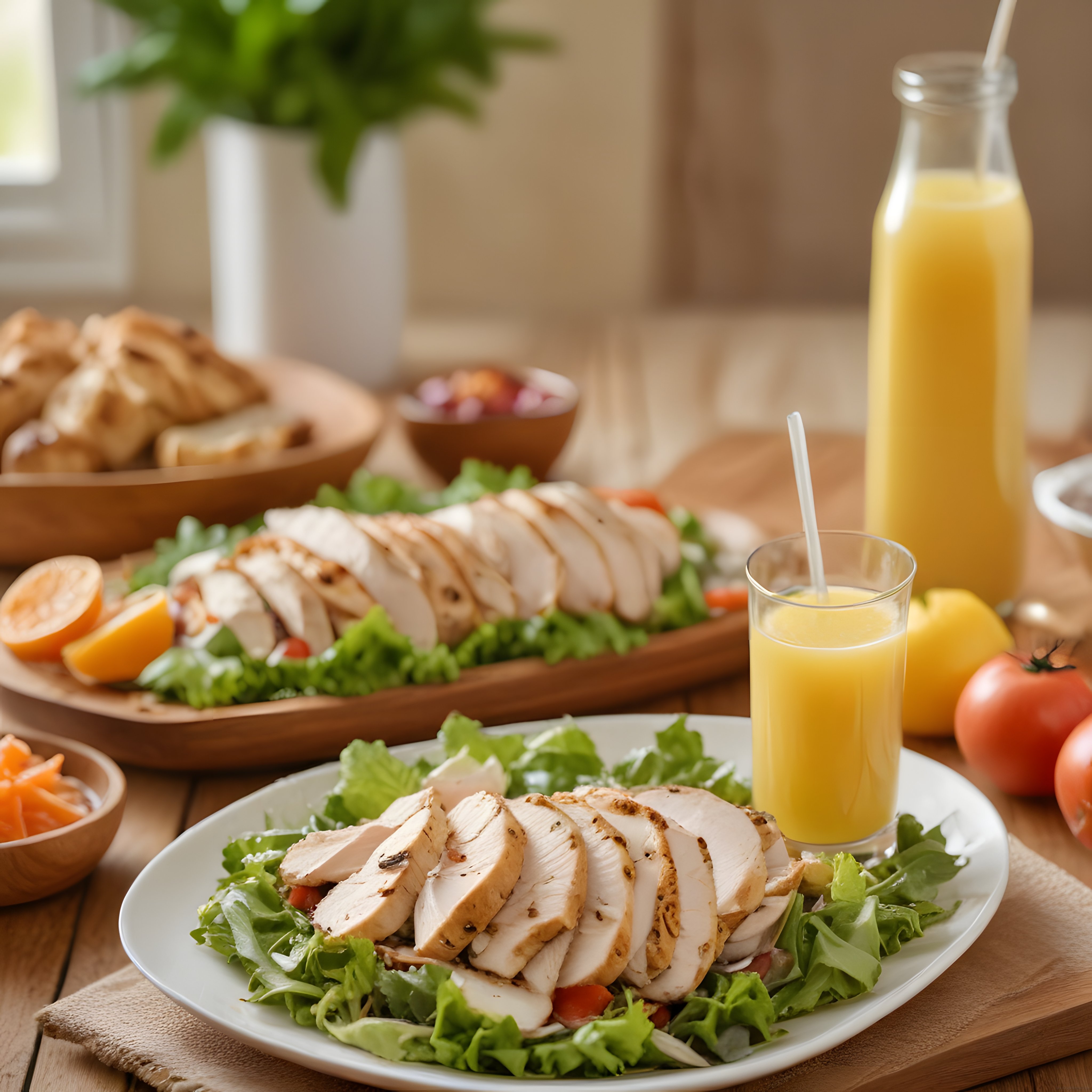 Ahşap Mutfak Tezgahında Izgara Tavuklu Salata ve Taze Portakal Suyu Sunumu