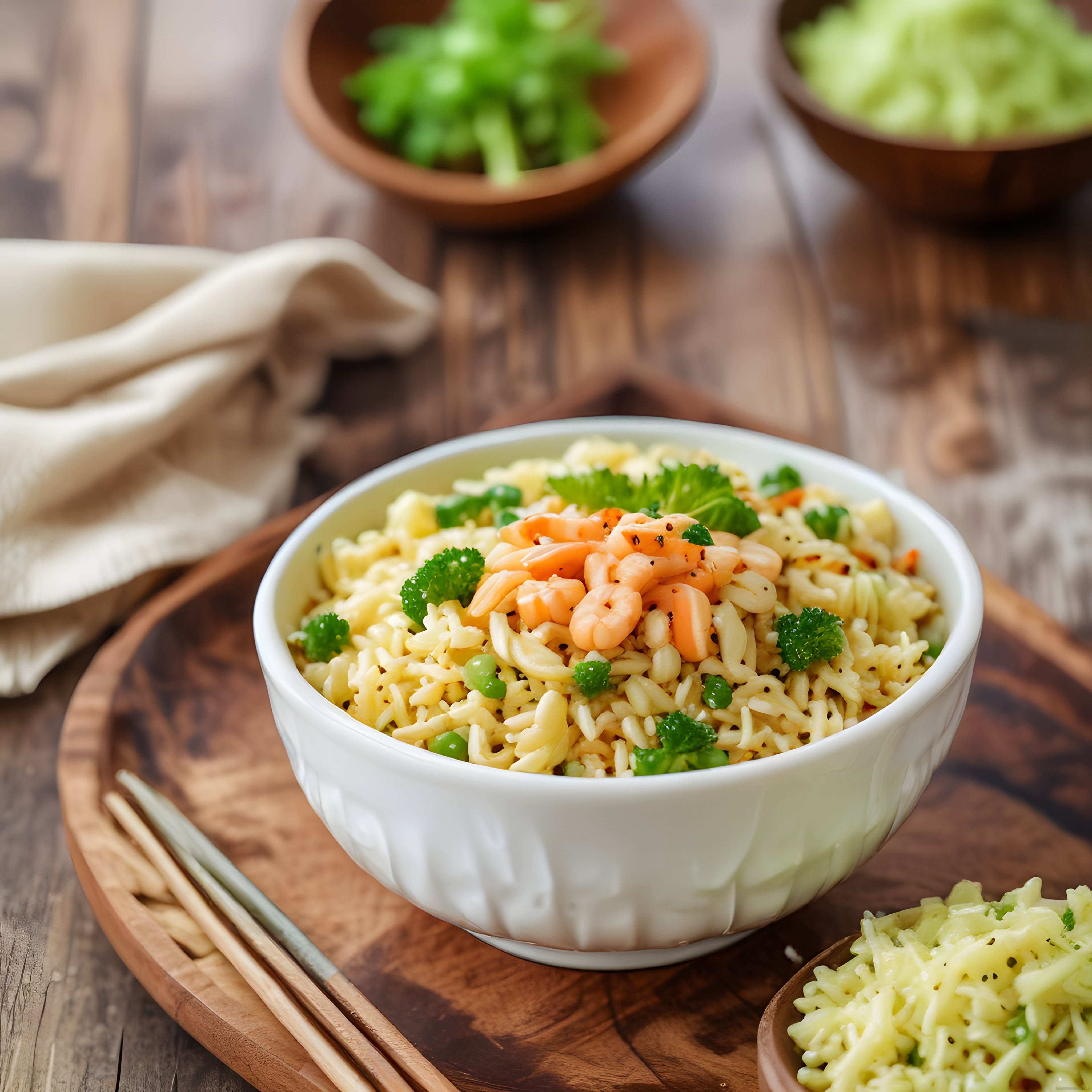 Ahşap Mutfak Tezgahında Karidesli Sebzeli Noodle Pilav ve Çubuklar