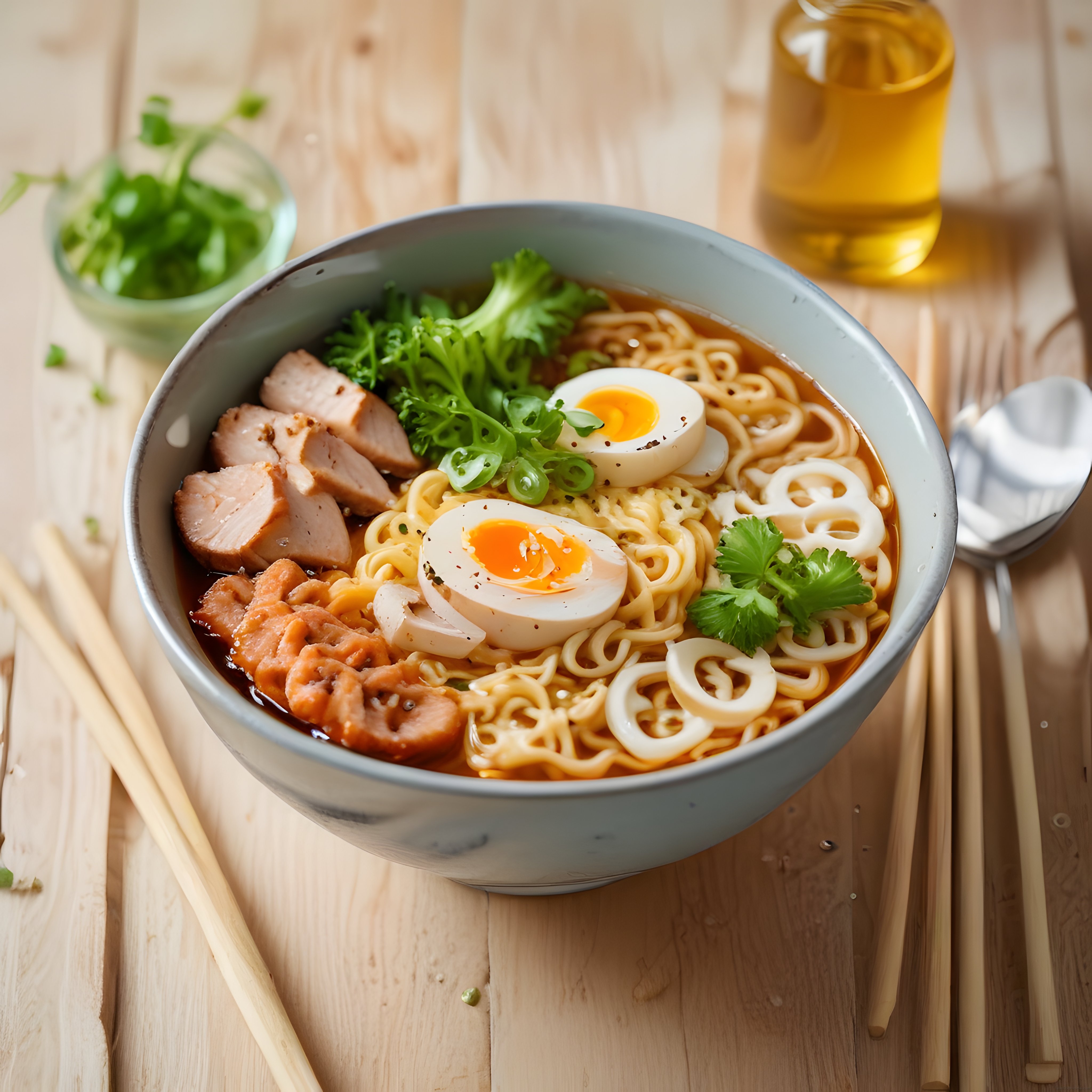 ahşap mutfak tezgahında lezzetli malzemelerle hazırlanmış ramen kasesi