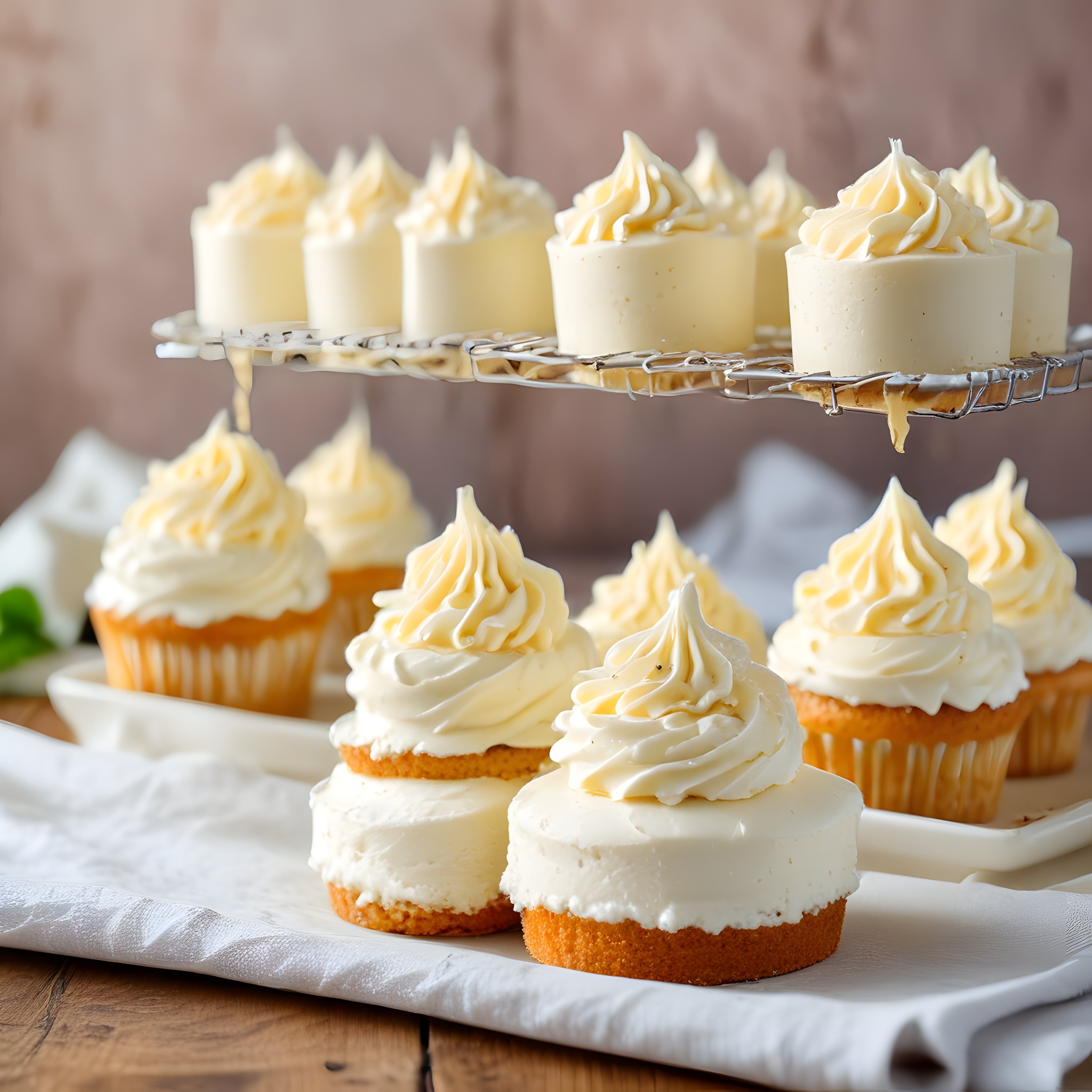 Ahşap Mutfak Tezgahında Mini Pasta ve Krema Süslü Cupcake Sunumu
