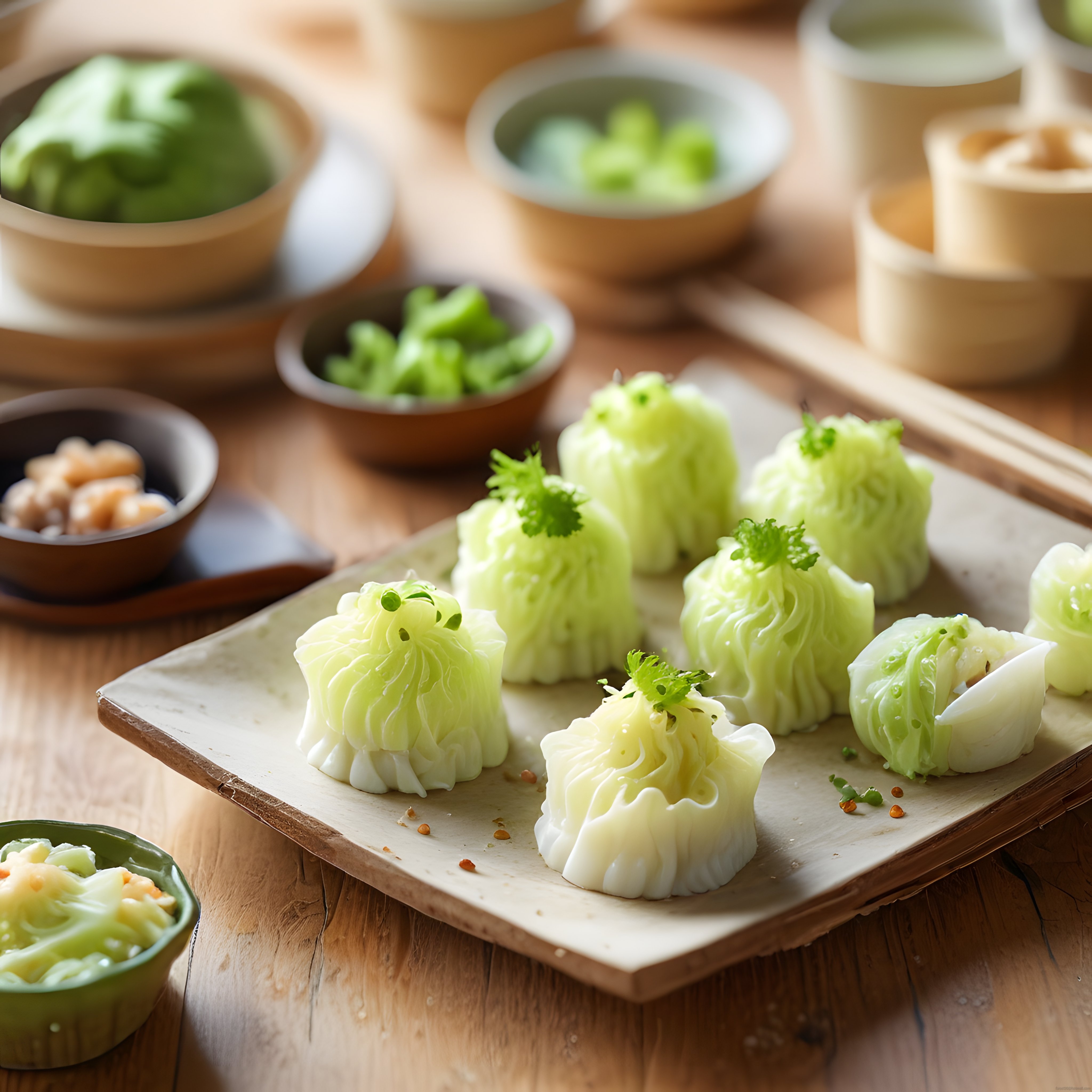Ahşap mutfak tezgahında özenle hazırlanmış yeşil sebzeli dim sum ve taze garnitürler