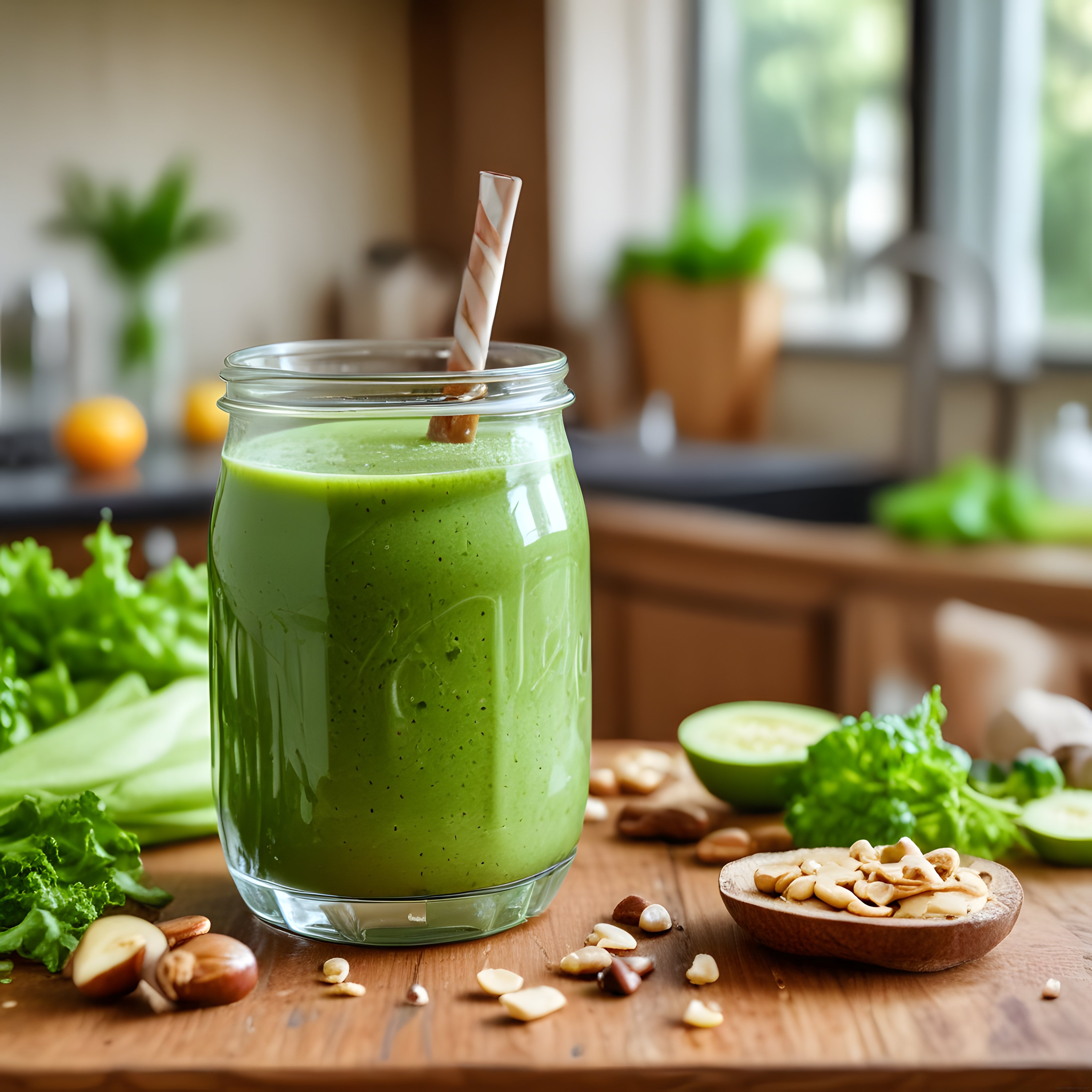 Ahşap Mutfak Tezgahında Pipetli Yeşil Detoks Smoothie Kavanozu