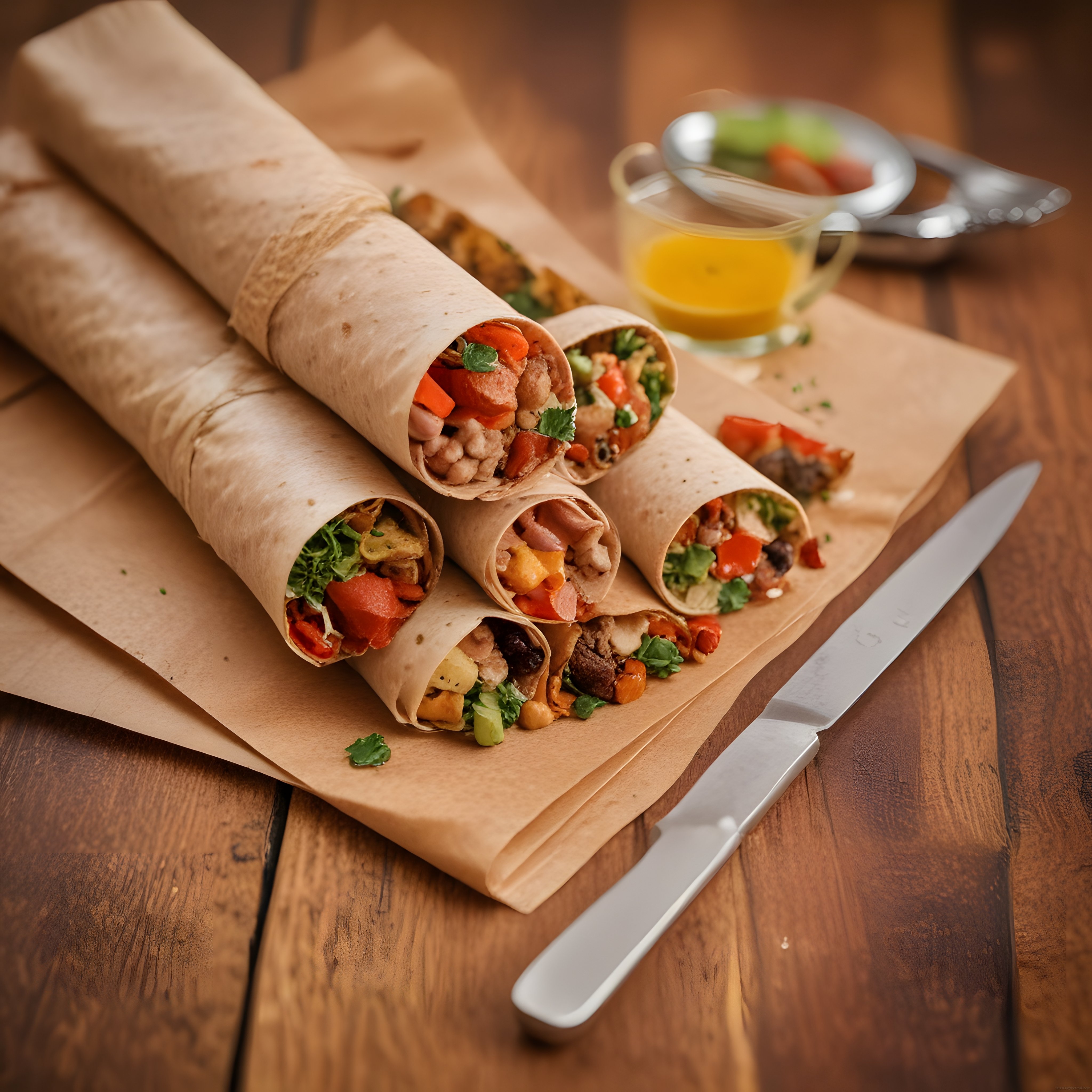 ahşap mutfak tezgahında renkli dolgularla hazırlanan besleyici wrap seçenekleri