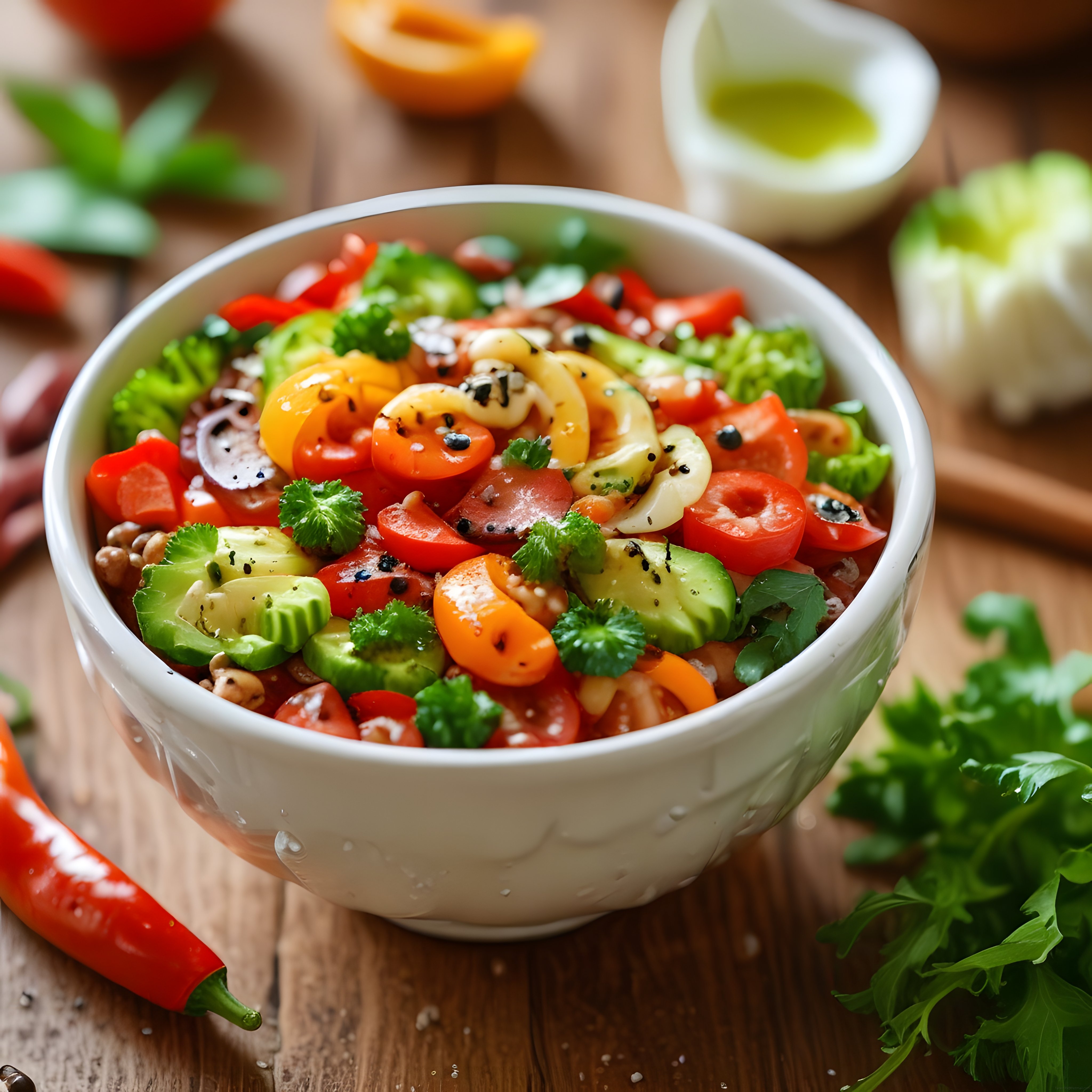 Ahşap Mutfak Tezgahında Renkli Sebzeli Sağlıklı Bowl Salata Kasesi