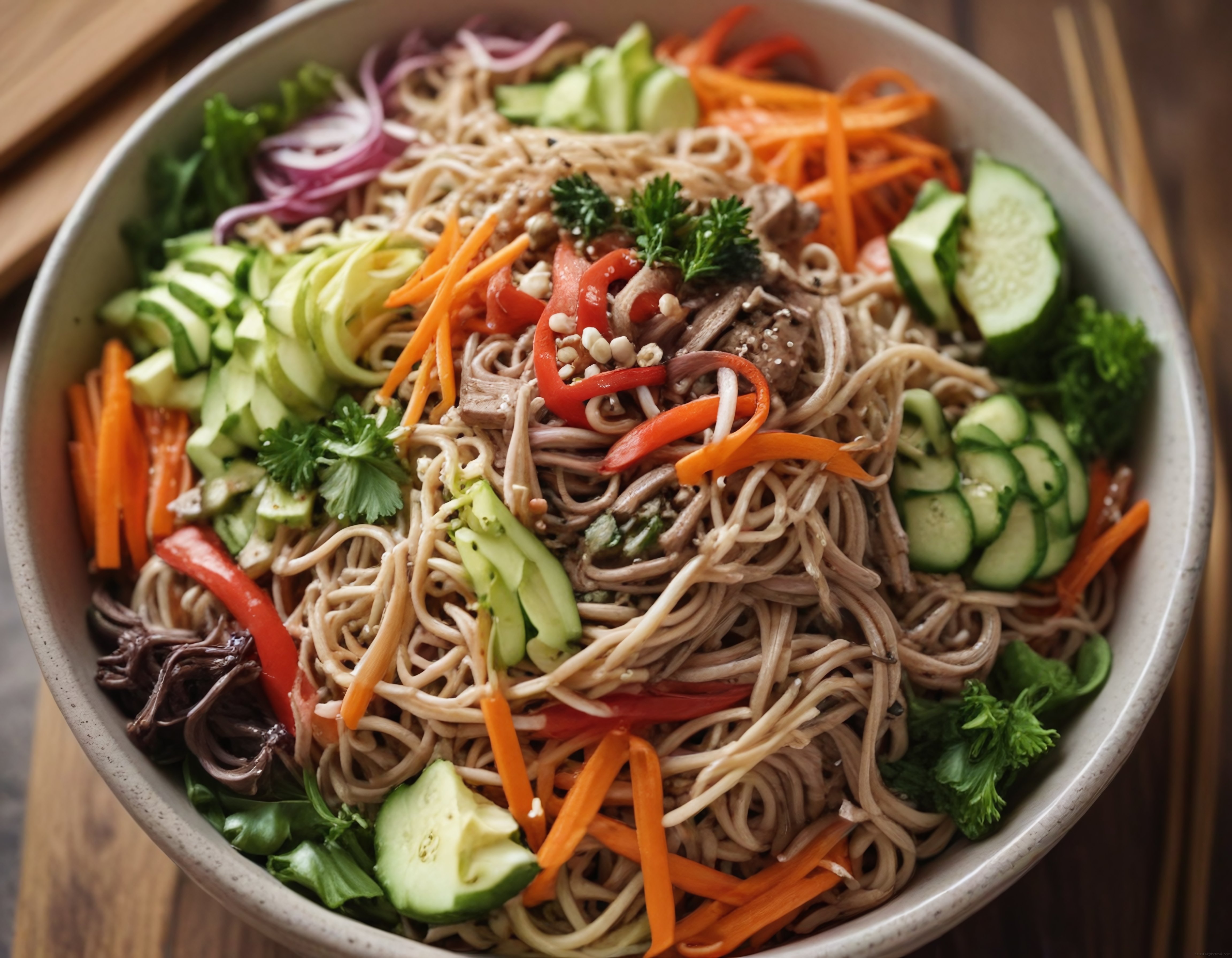 Ahşap Mutfak Tezgahında Renkli Sebzeli Soba Noodle Salatası Kasesi