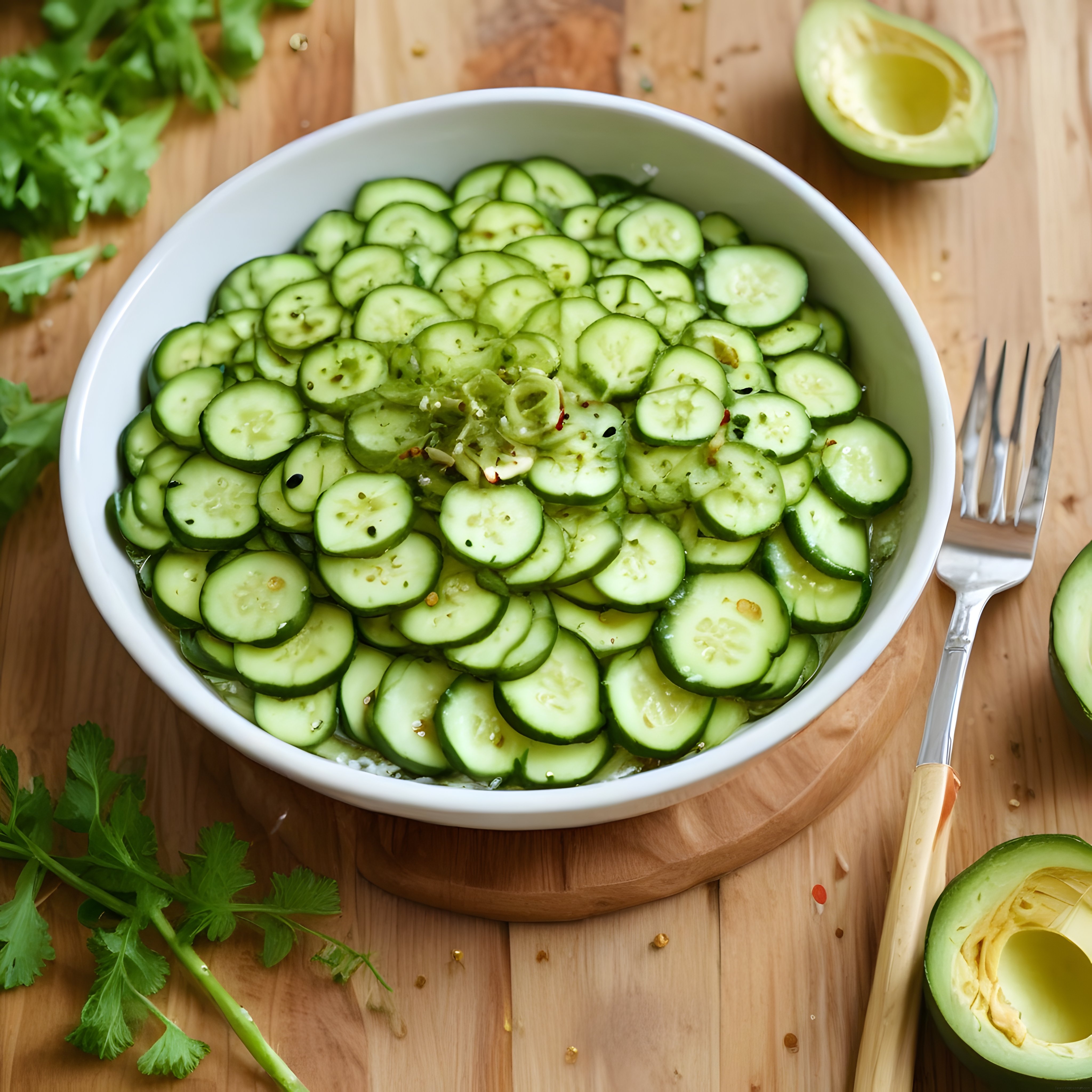 Ahşap Mutfak Tezgahında Serinletici Salatalık Salatası ve Taze Avokado