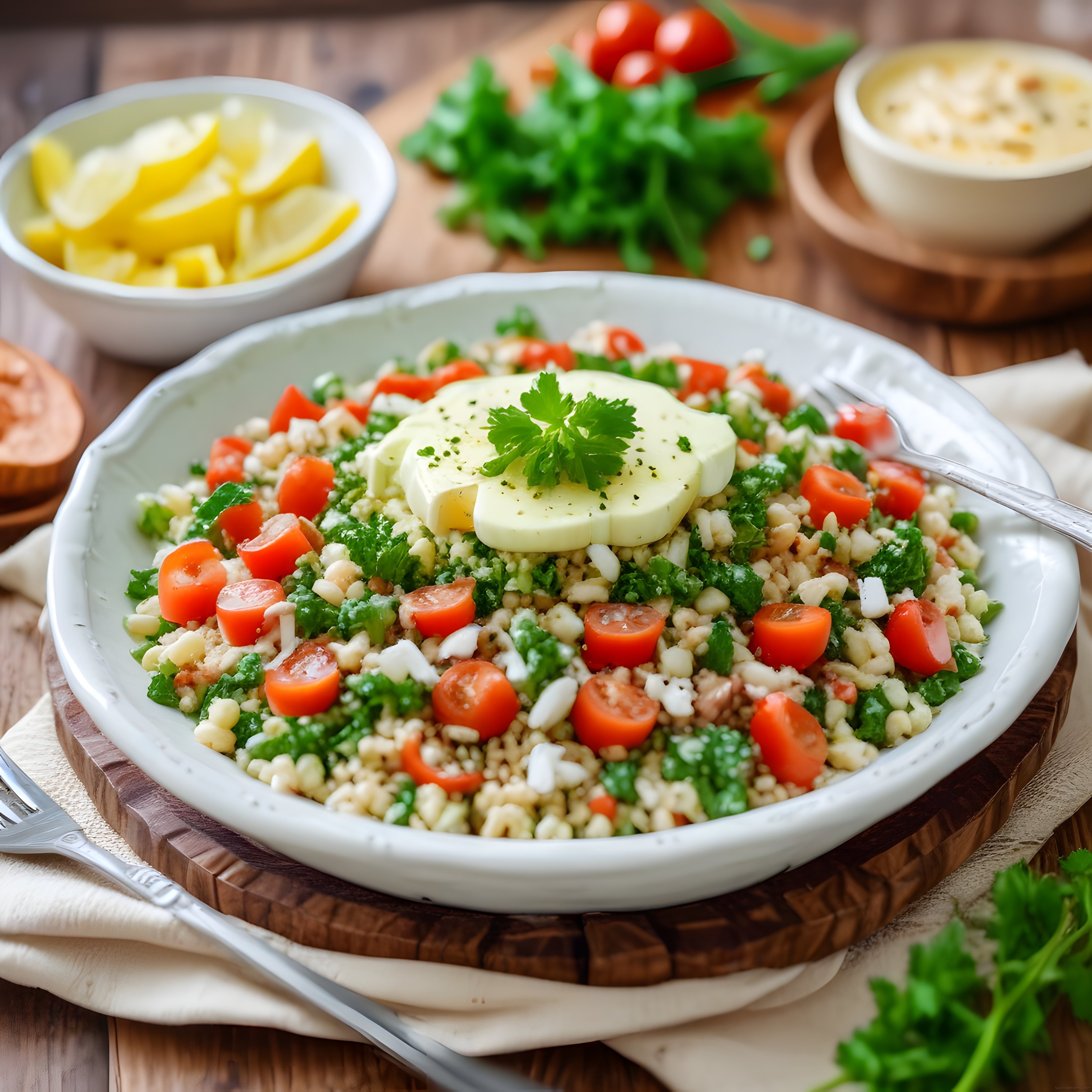 Ahşap Mutfak Tezgahında Sunulan Taze Avokadolu Bulgur Salatası Tarifi