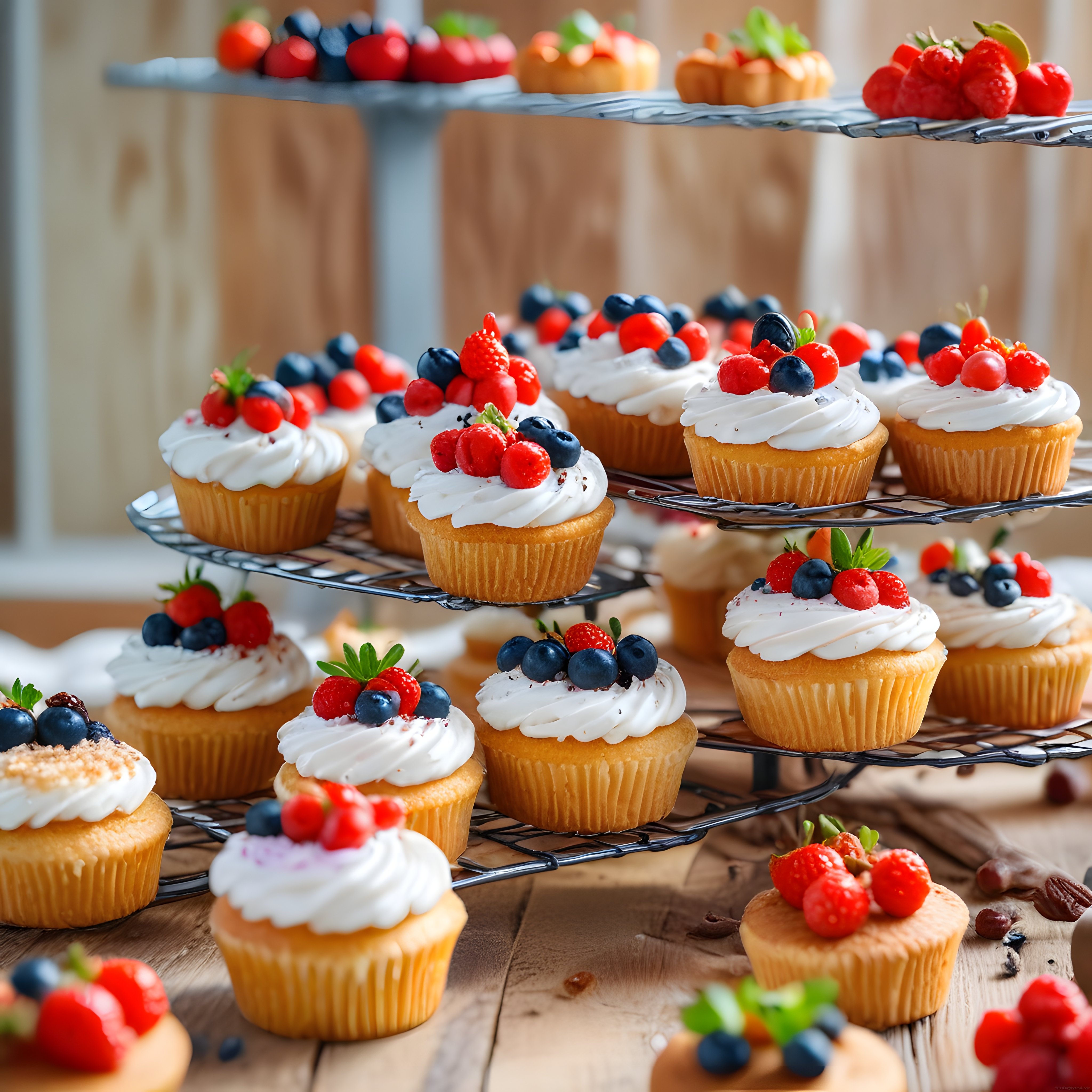 Ahşap Mutfak Tezgahında Taze Orman Meyveli ve Kremalı Cupcakeler