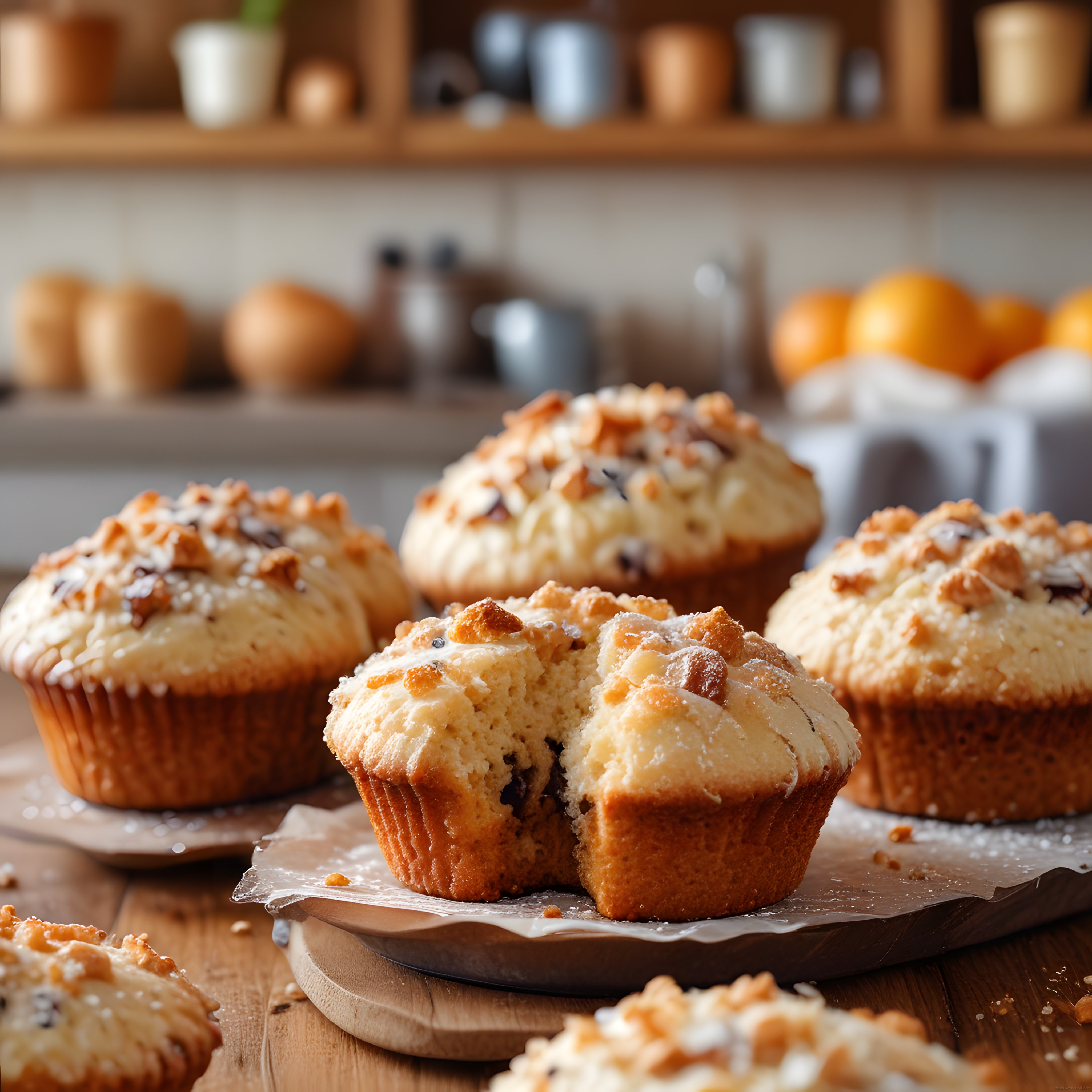 Ahşap Mutfak Tezgahında Taze Pişmiş Çikolatalı Muffinler ve Dokulu Detaylar