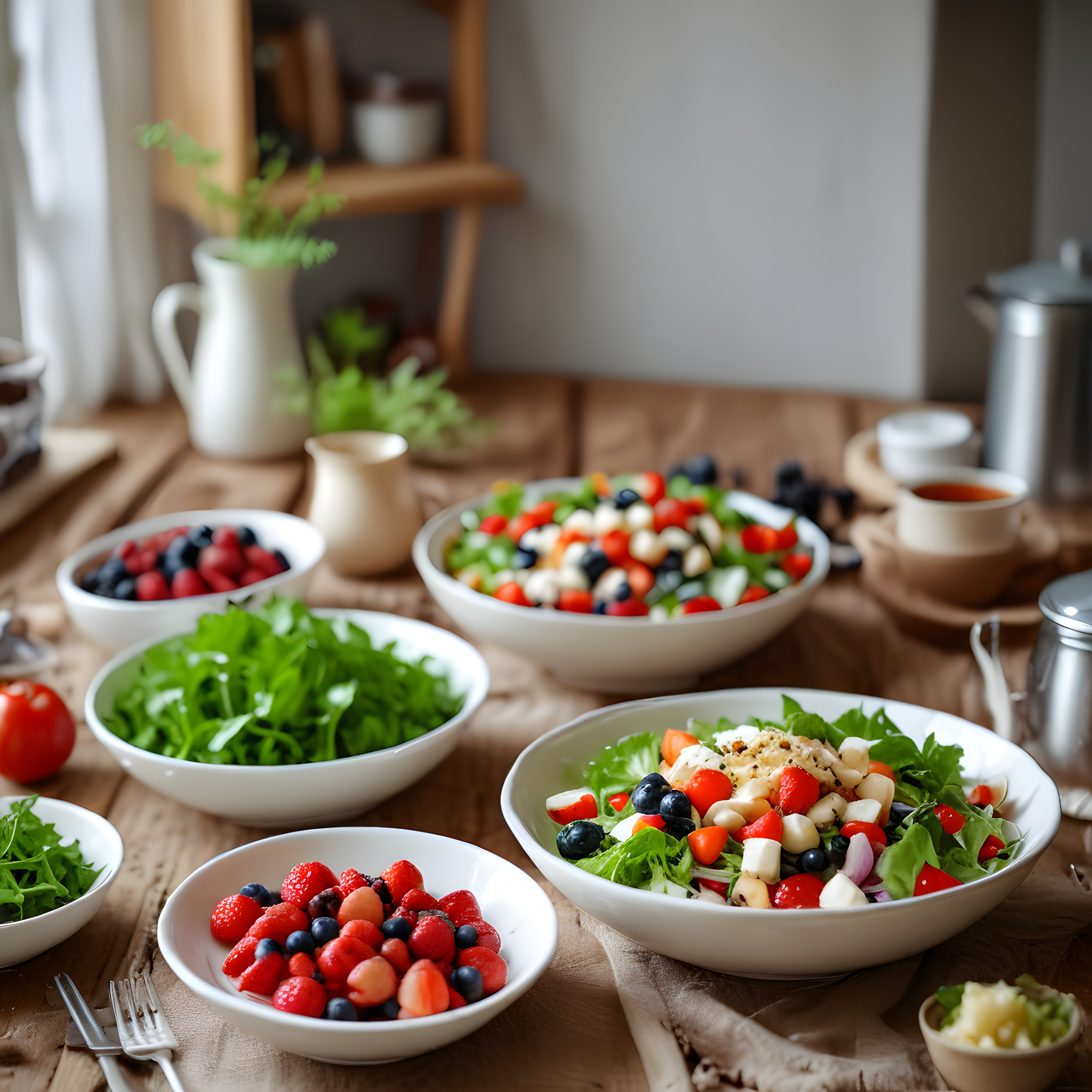 Ahşap Mutfak Tezgahında Taze Salata ve Orman Meyveleri ile Sağlıklı Sofra
