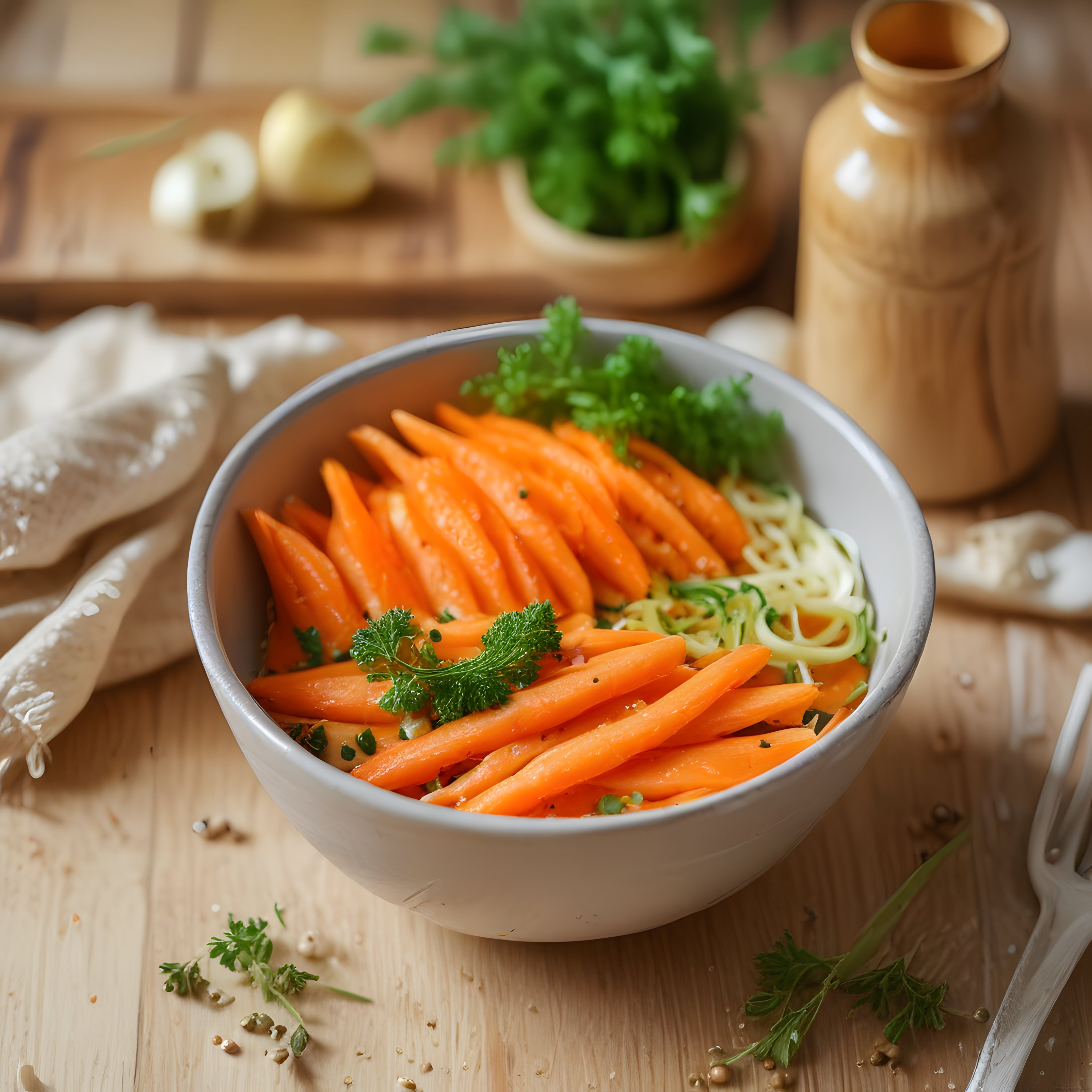 Ahşap Mutfak Tezgahında Taze Sebze Salatası: Havuç ve Kabak Spaghettisi