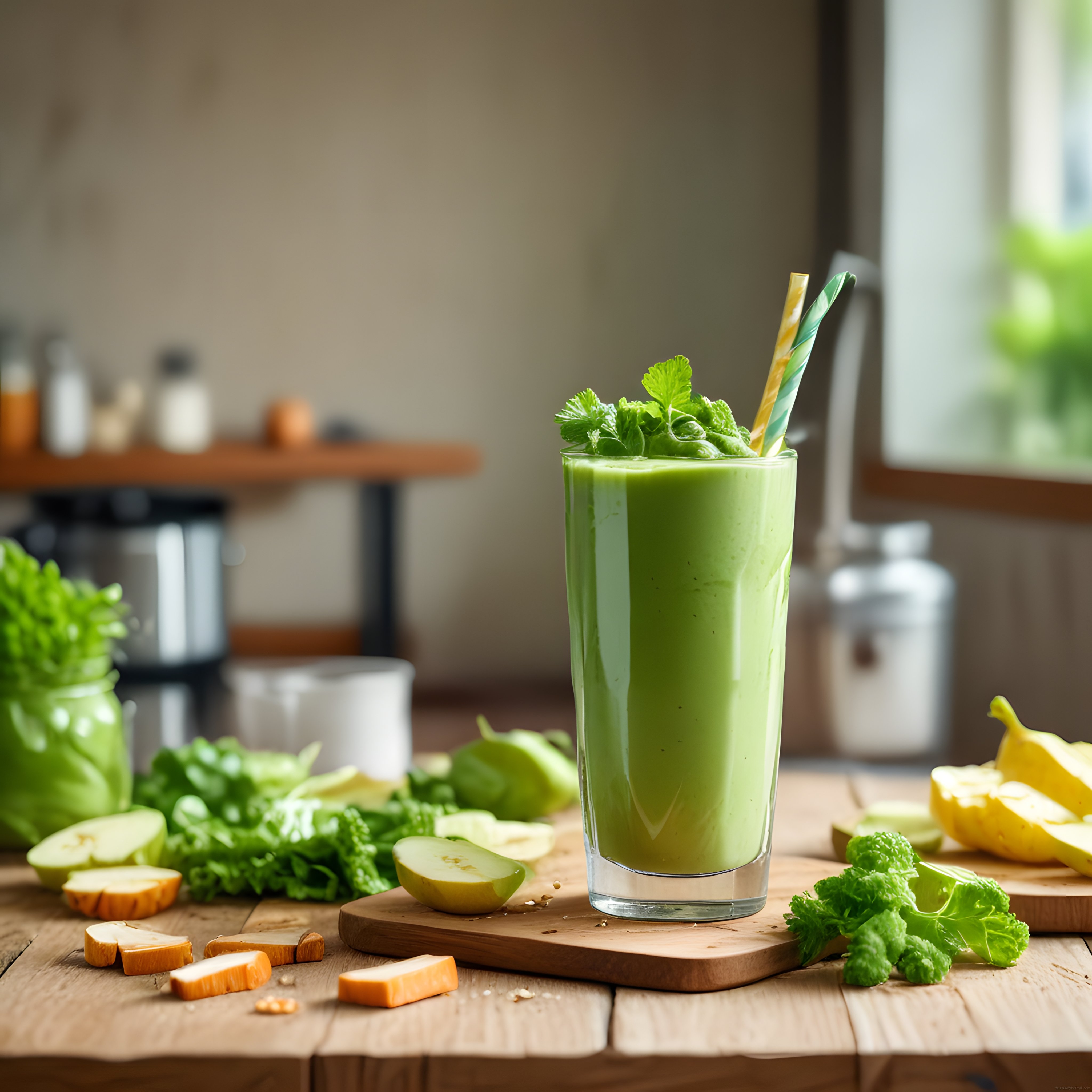 Ahşap Mutfak Tezgahında Taze Sebzeli Yeşil Detoks Smoothie ve Doğal Malzemeler