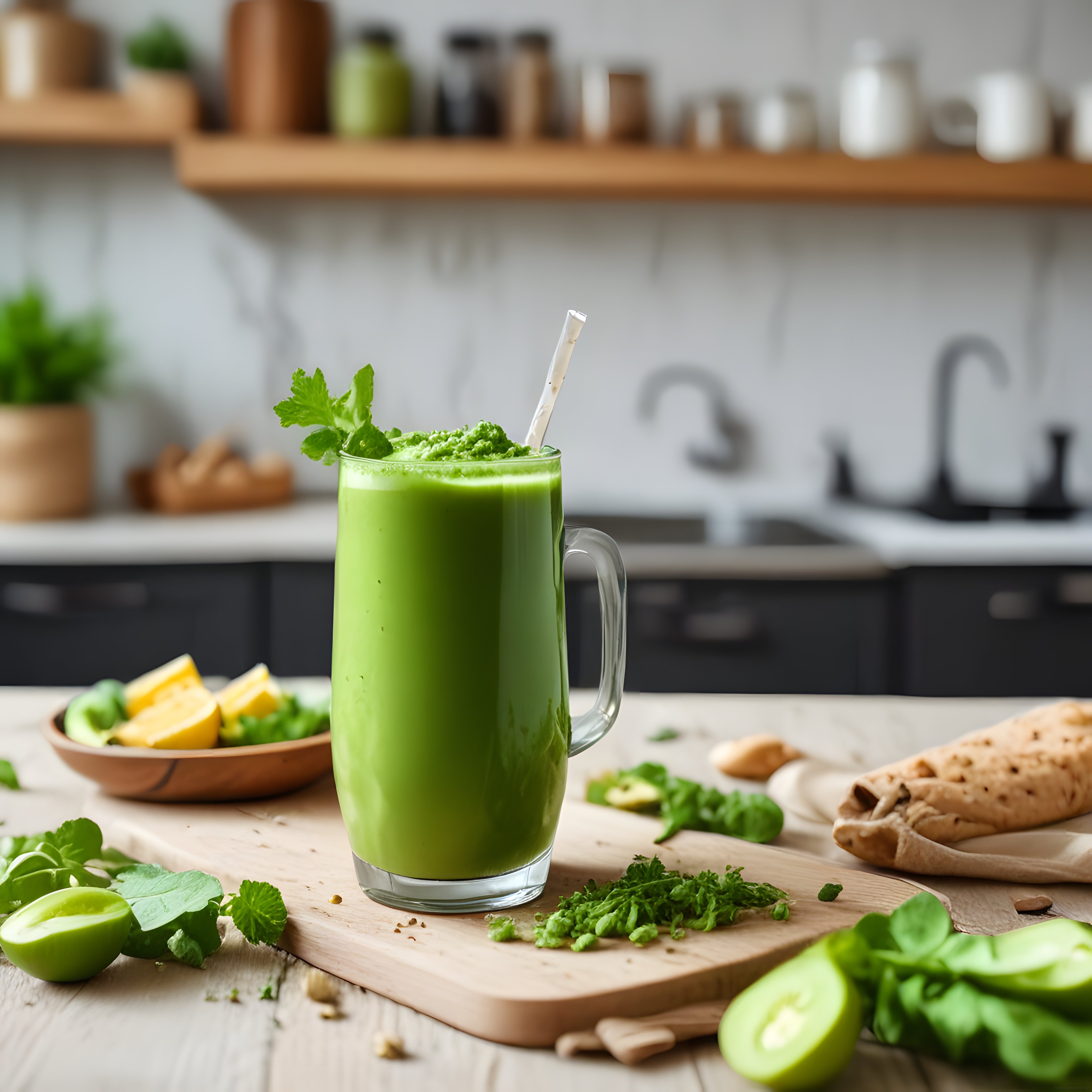 Ahşap Mutfak Tezgahında Taze Yeşil Detoks Smoothie ve Doğal Malzemeler