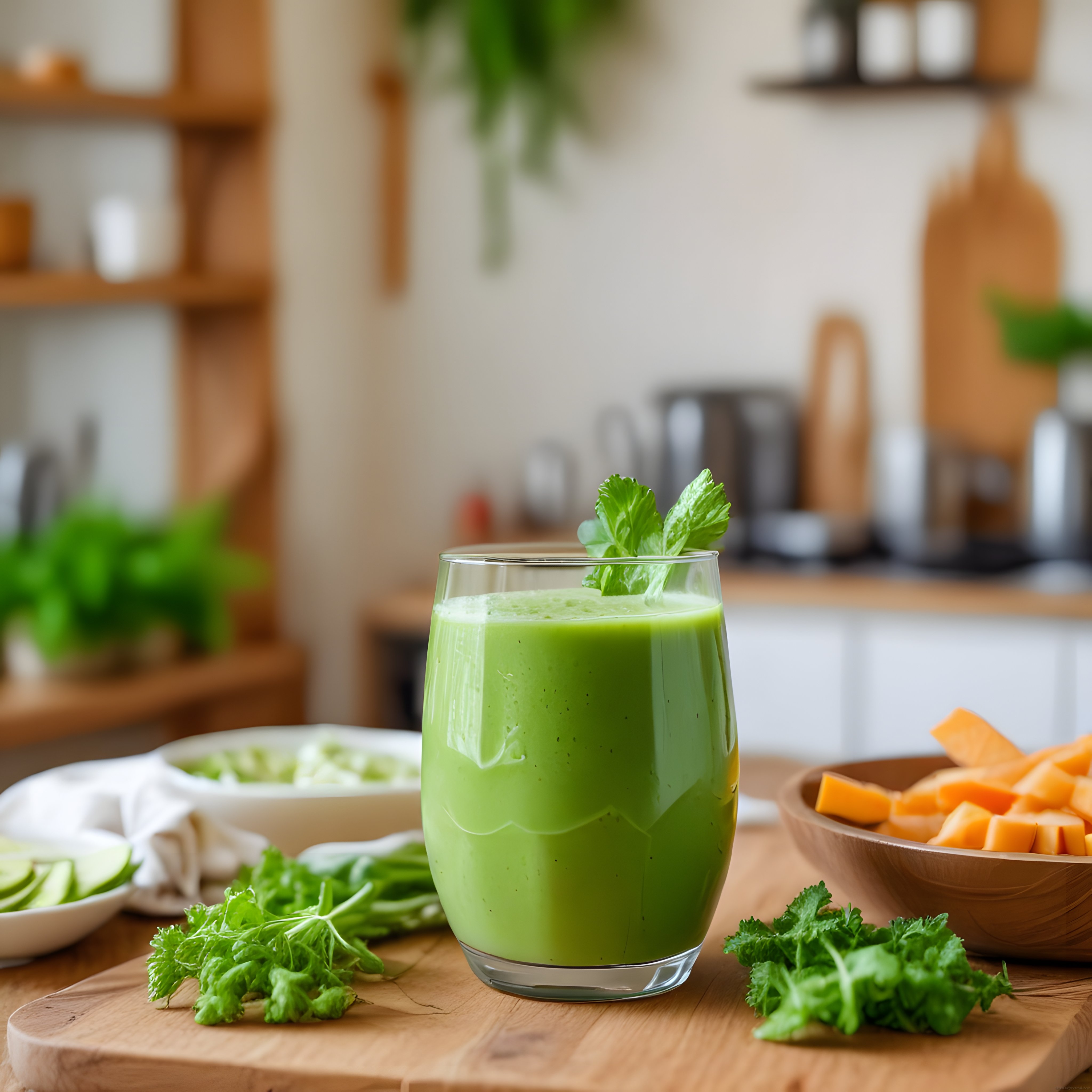 Ahşap Mutfak Tezgahında Taze Yeşil Detoks Smoothie ve Doğal Malzemeler