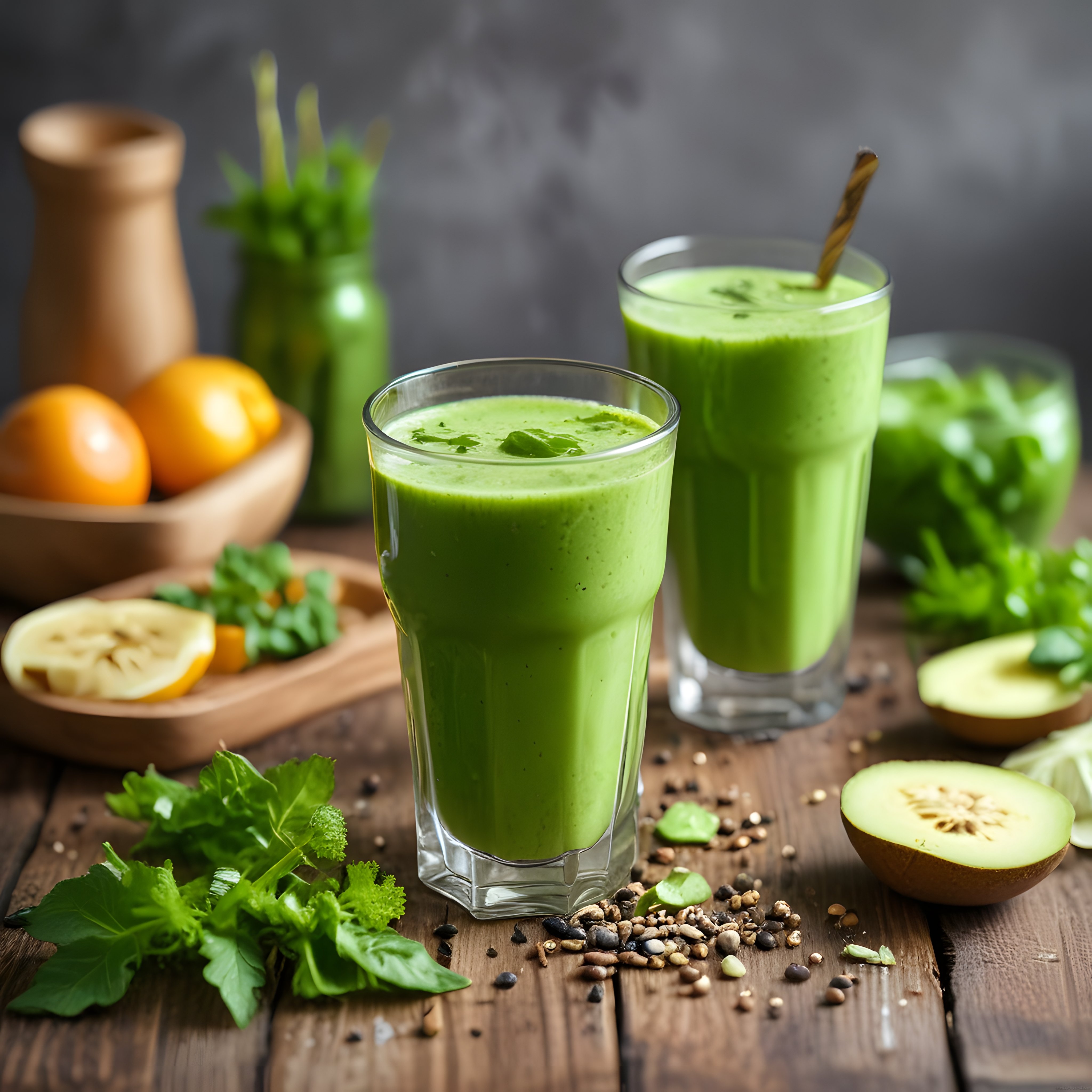 Ahşap Mutfak Tezgahında Taze Yeşil Smoothie ve Avokado ile Sağlıklı Detox Tarifi