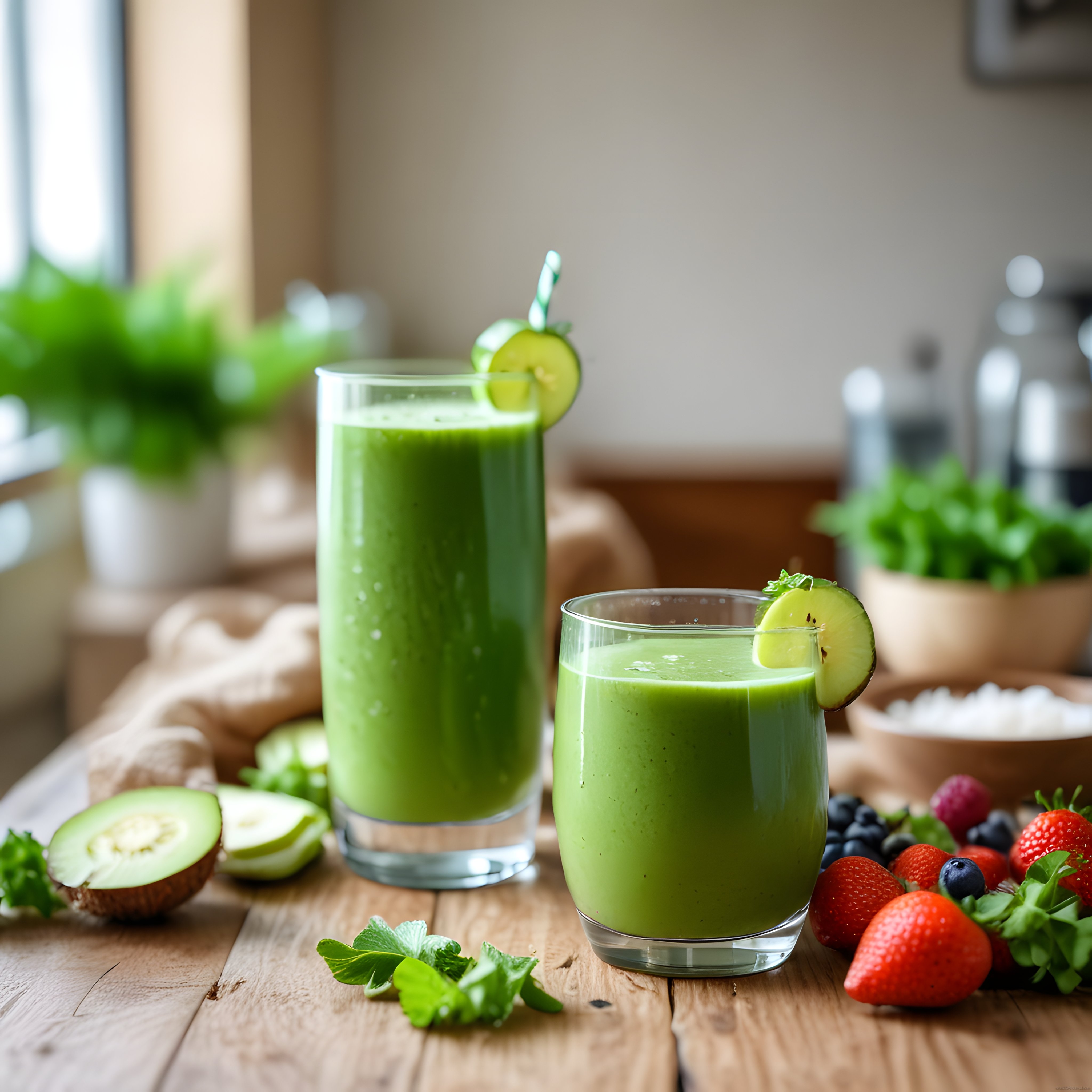 Ahşap Mutfak Tezgahında Taze Yeşil Smoothie ve Doğal Malzemeler