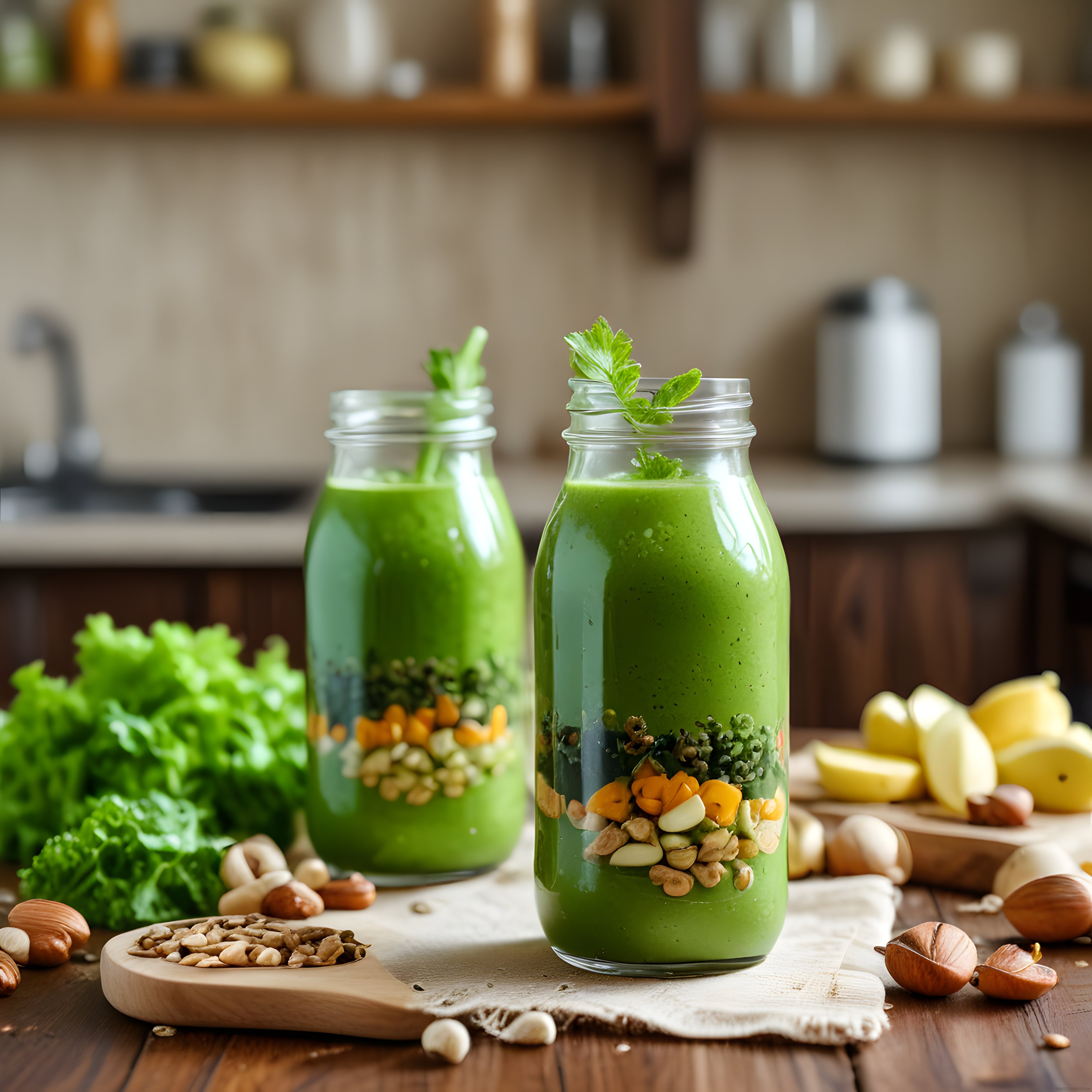 Ahşap Mutfak Tezgahında Taze Yeşil Smoothie ve Kuruyemişli Kavanozlar
