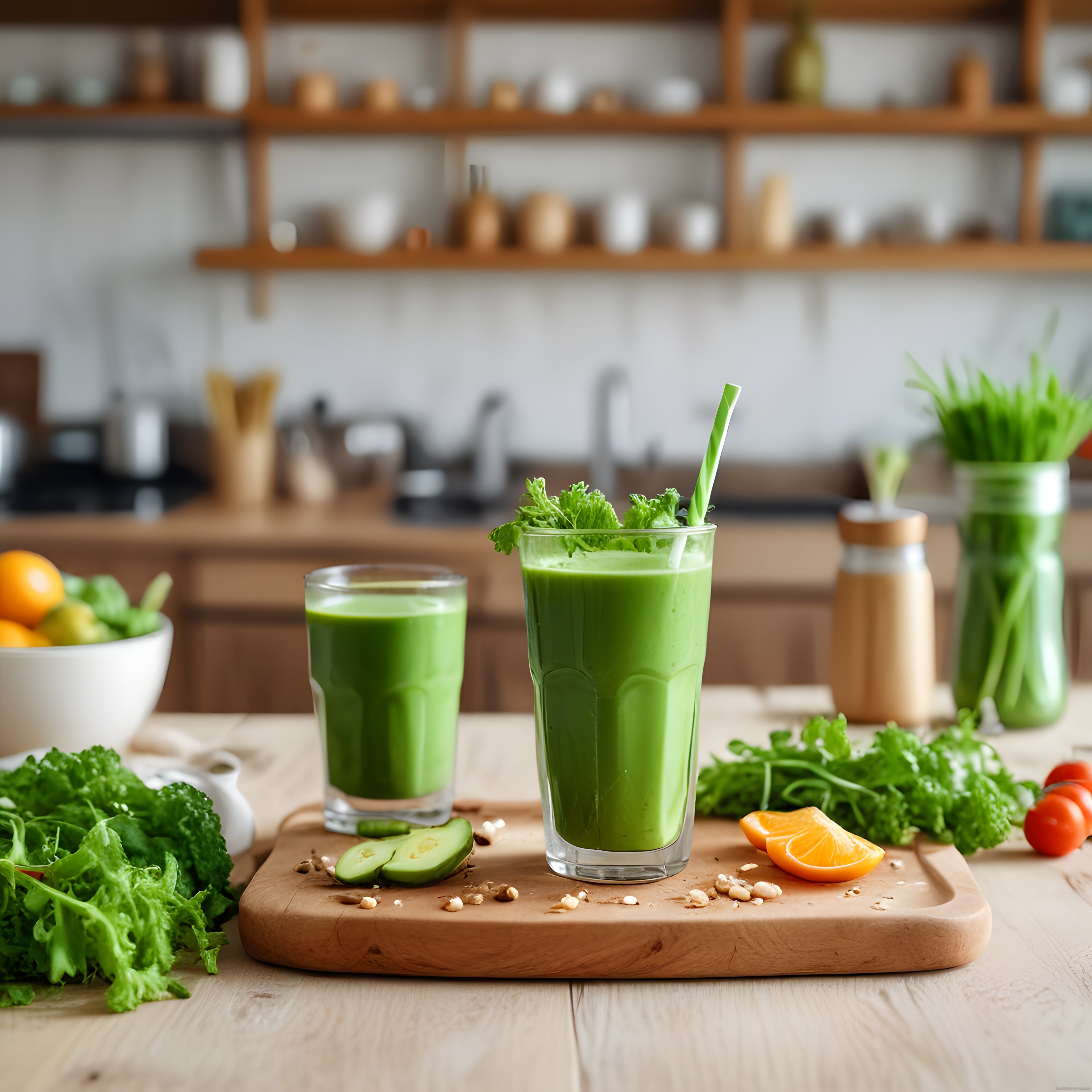 Ahşap Mutfak Tezgahında Taze Yeşil Smoothie ve Sağlıklı Malzemeler