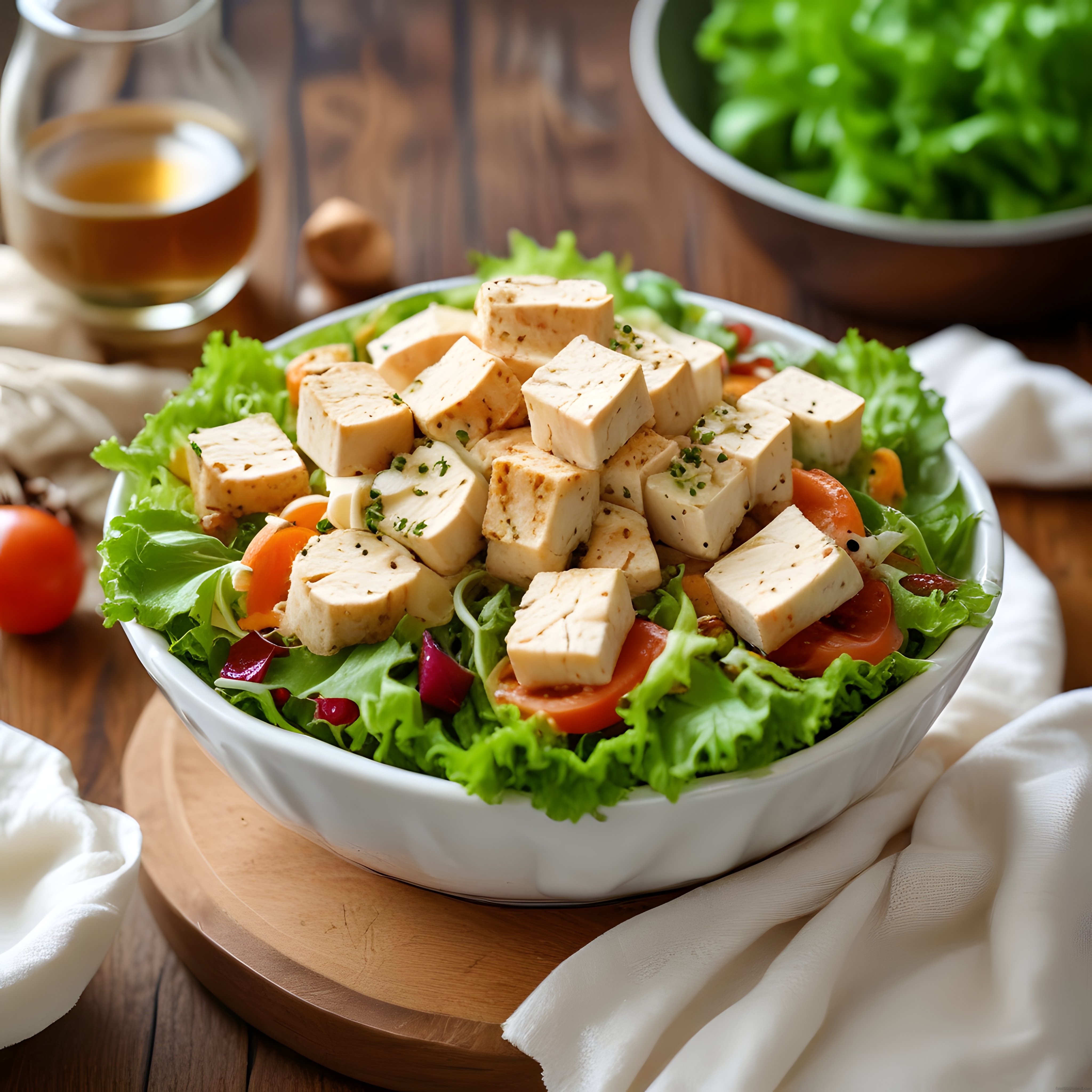 Ahşap Mutfak Tezgahında Tofu Ve Yeşilliklerle Dolu Sağlıklı Salata Kasesi