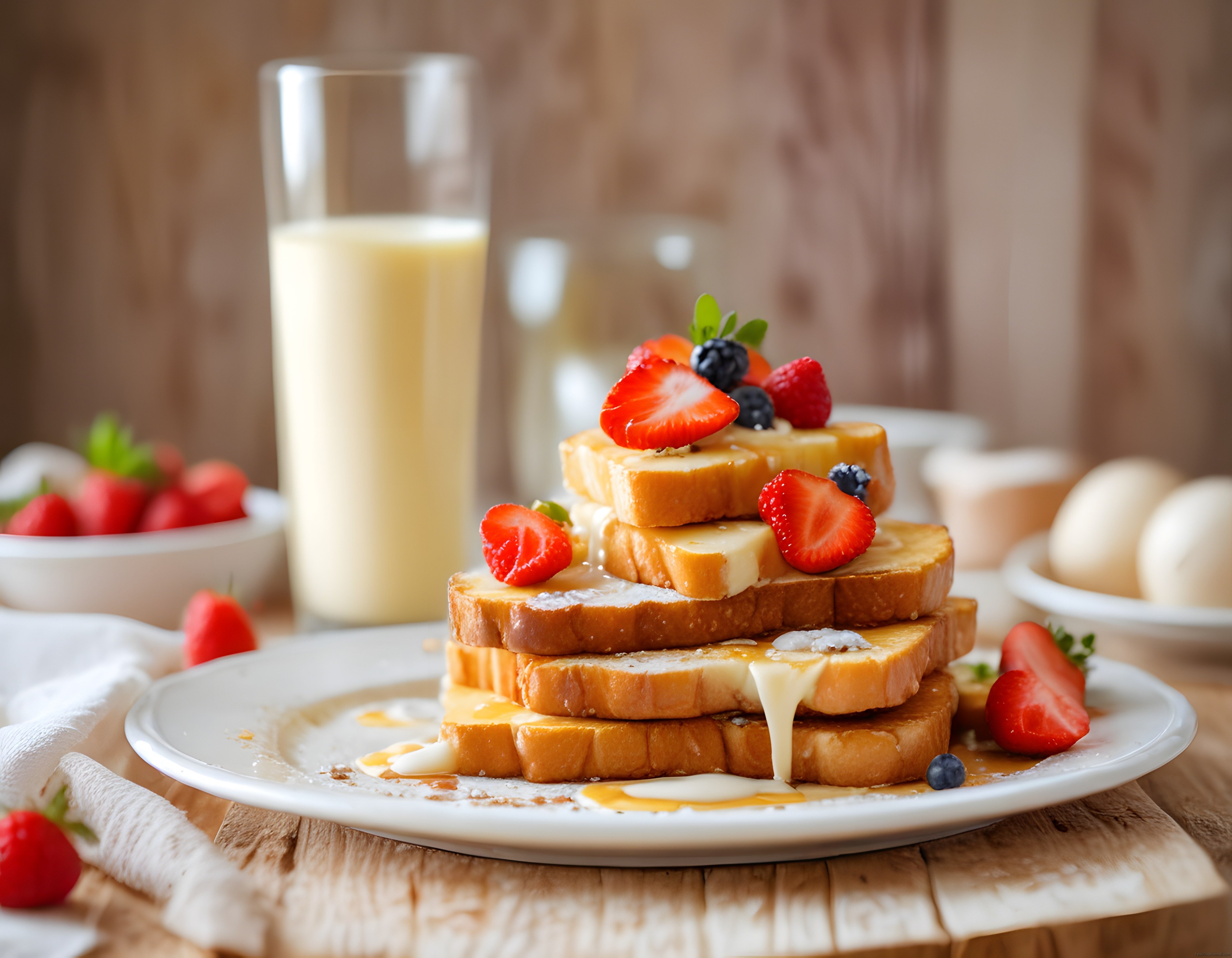 Ahşap Mutfakta Çilekli Yaban Mersinli French Toast ve Sütlü Kahvaltı Sunumu