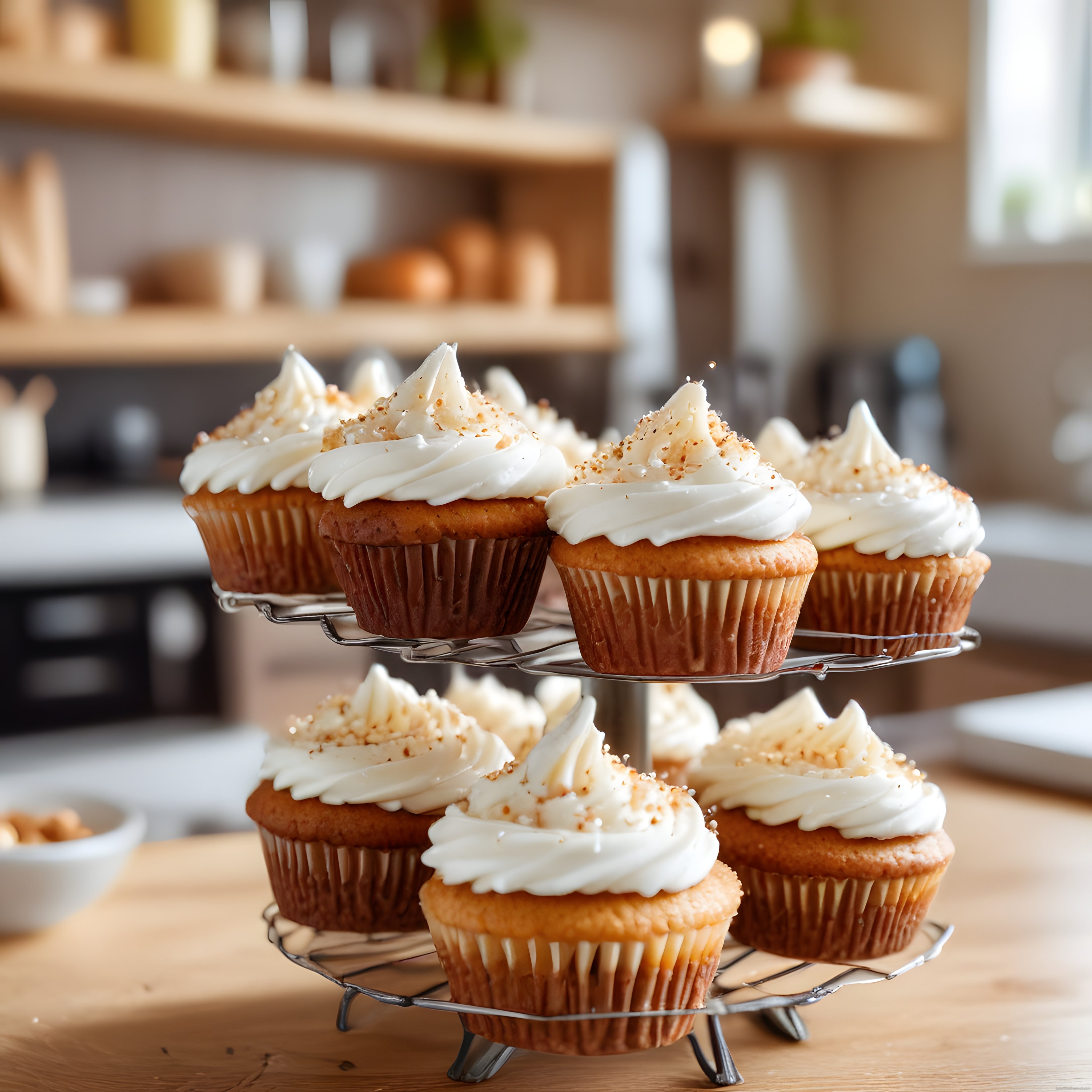 ahşap mutfakta iki katlı stand üzerinde kremalı ve kızarmış hindistan cevizli cupcakeler