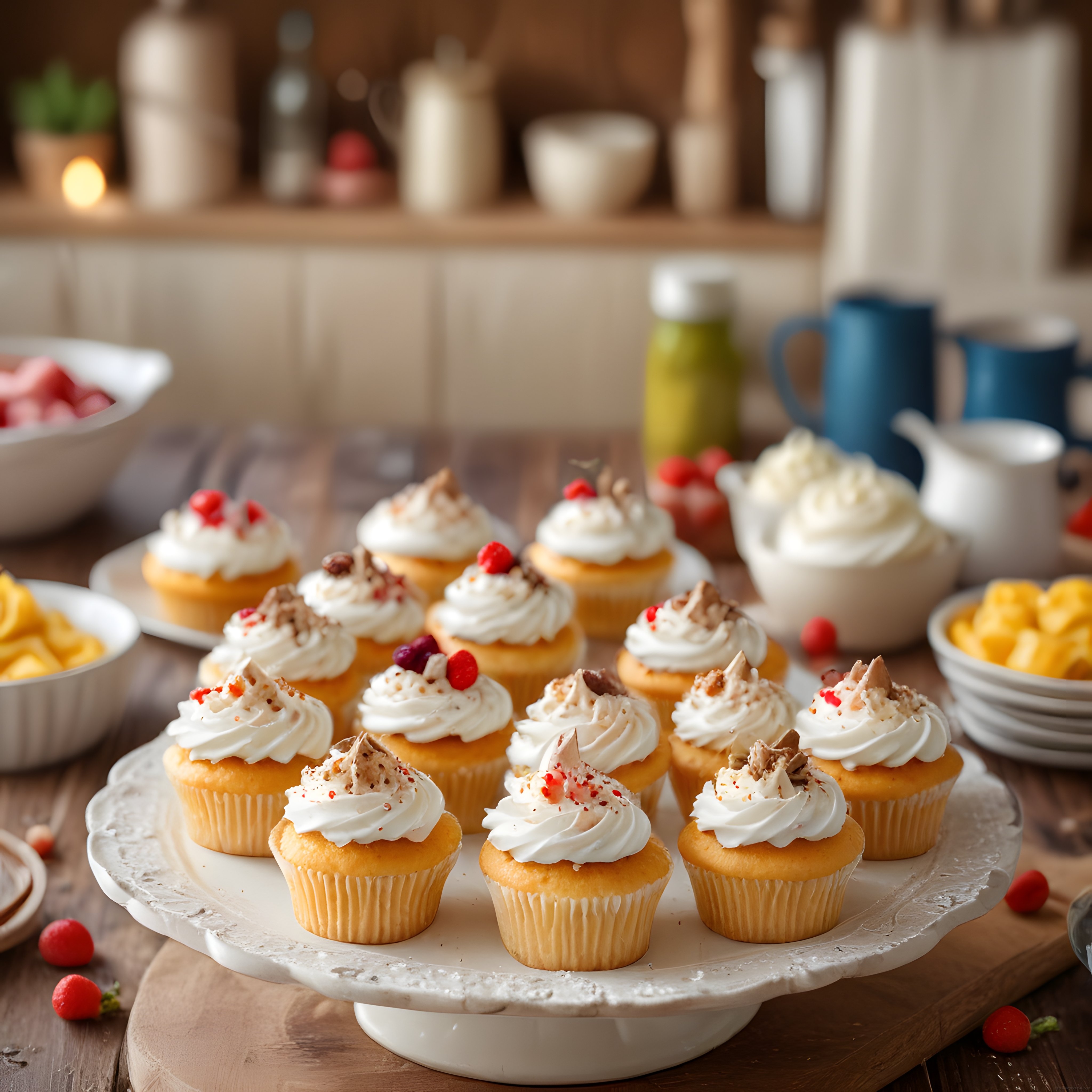 Ahşap mutfakta kremalı cupcake'ler ve taze meyvelerle zarif tatlı sunumu