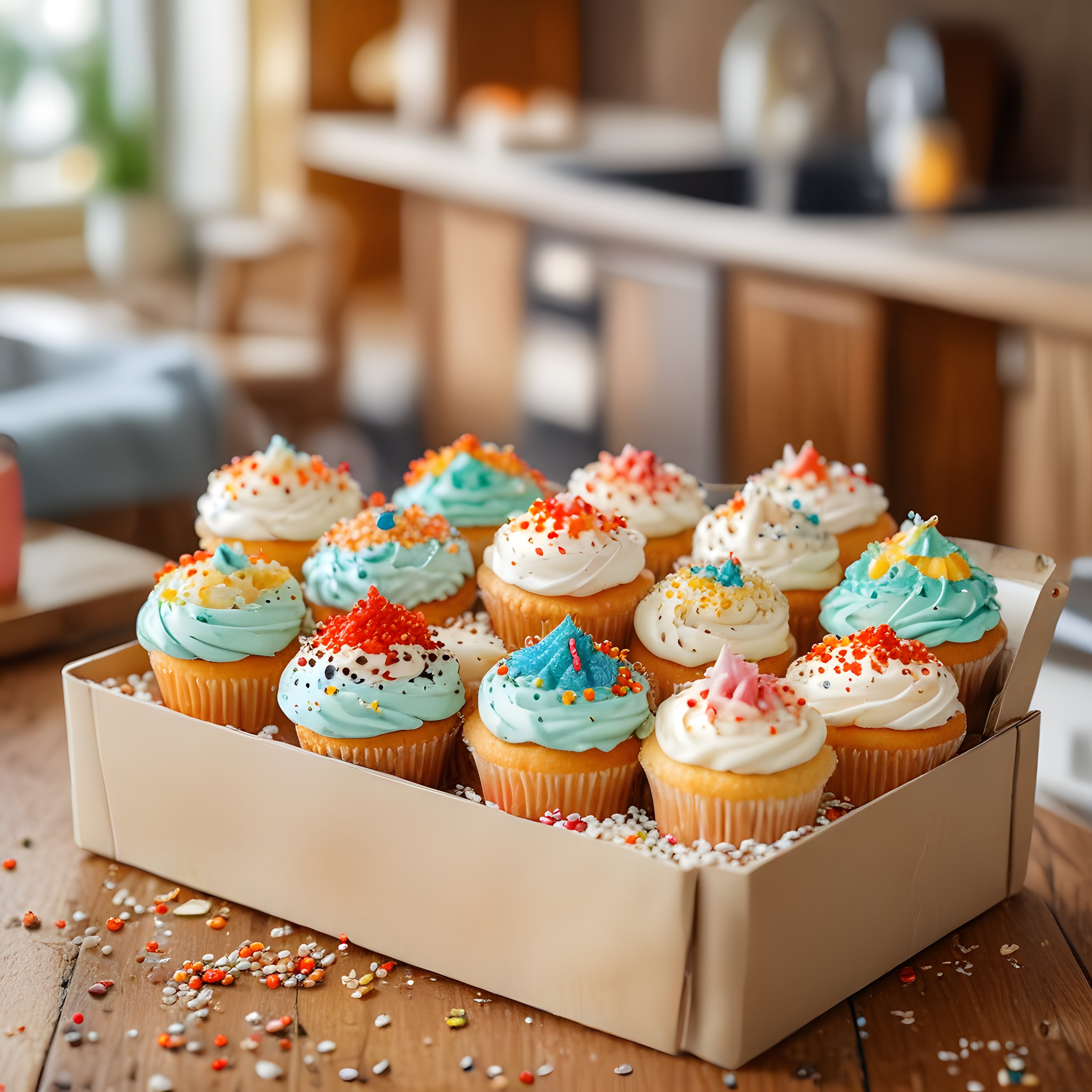 Ahşap Mutfakta Renkli Cupcake Kutusu: Ev Yapımı Tatlı Sunum Fikirleri