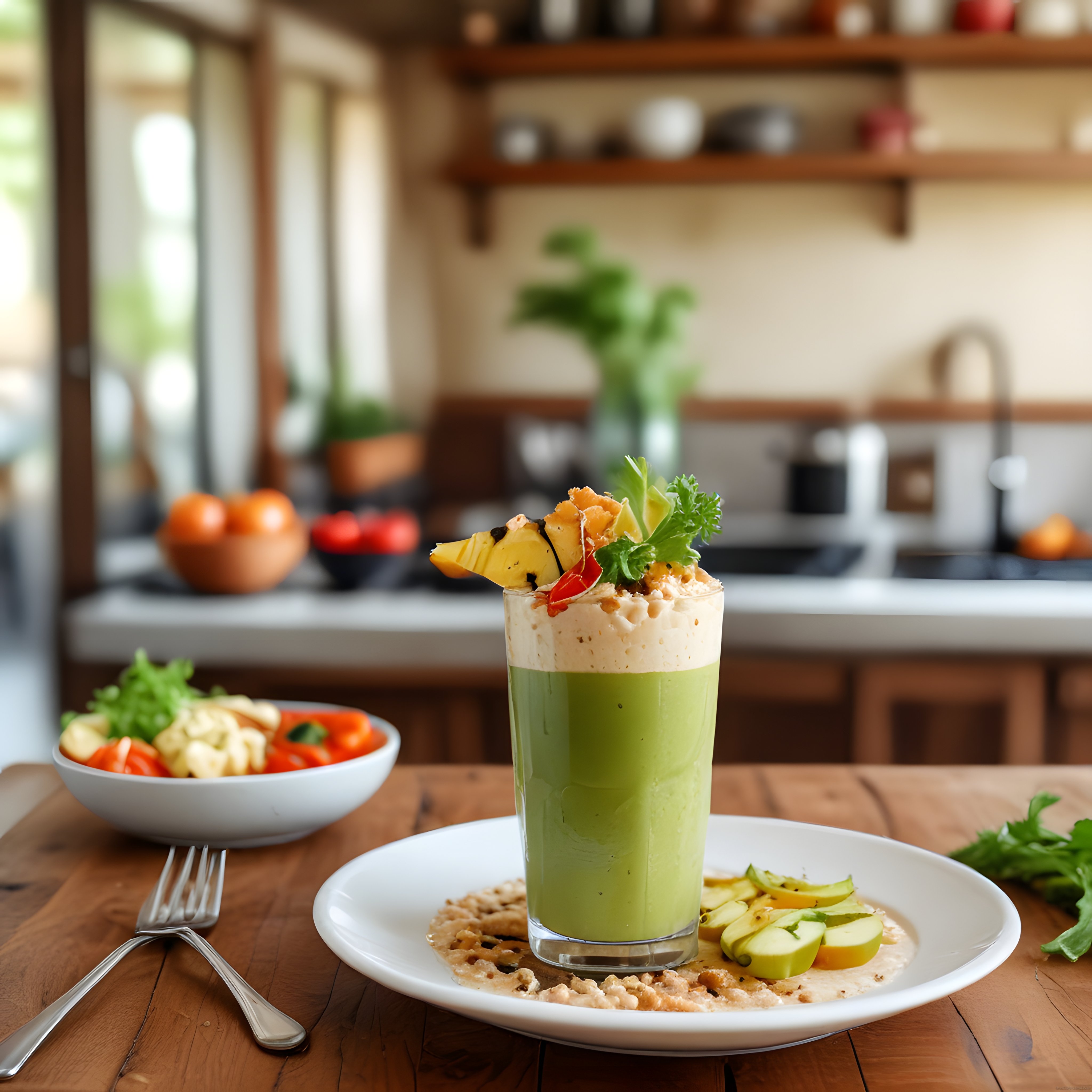 Ahşap Mutfakta Taze Avokadolu Yeşil Smoothie ve Sağlıklı Atıştırmalık Sunumu
