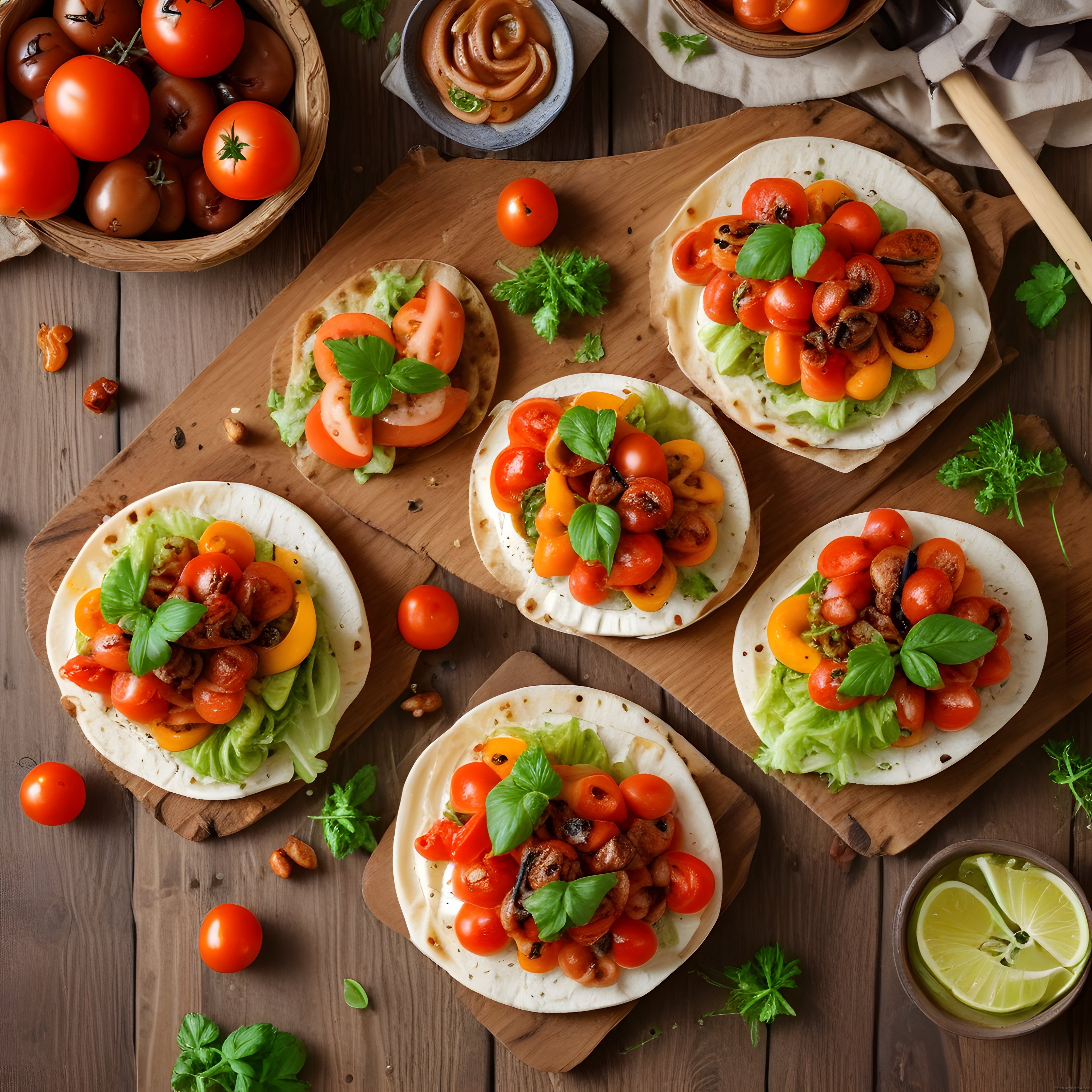 Ahşap Mutfakta Taze Domatesli ve Fesleğenli Sağlıklı Taco Sunumu