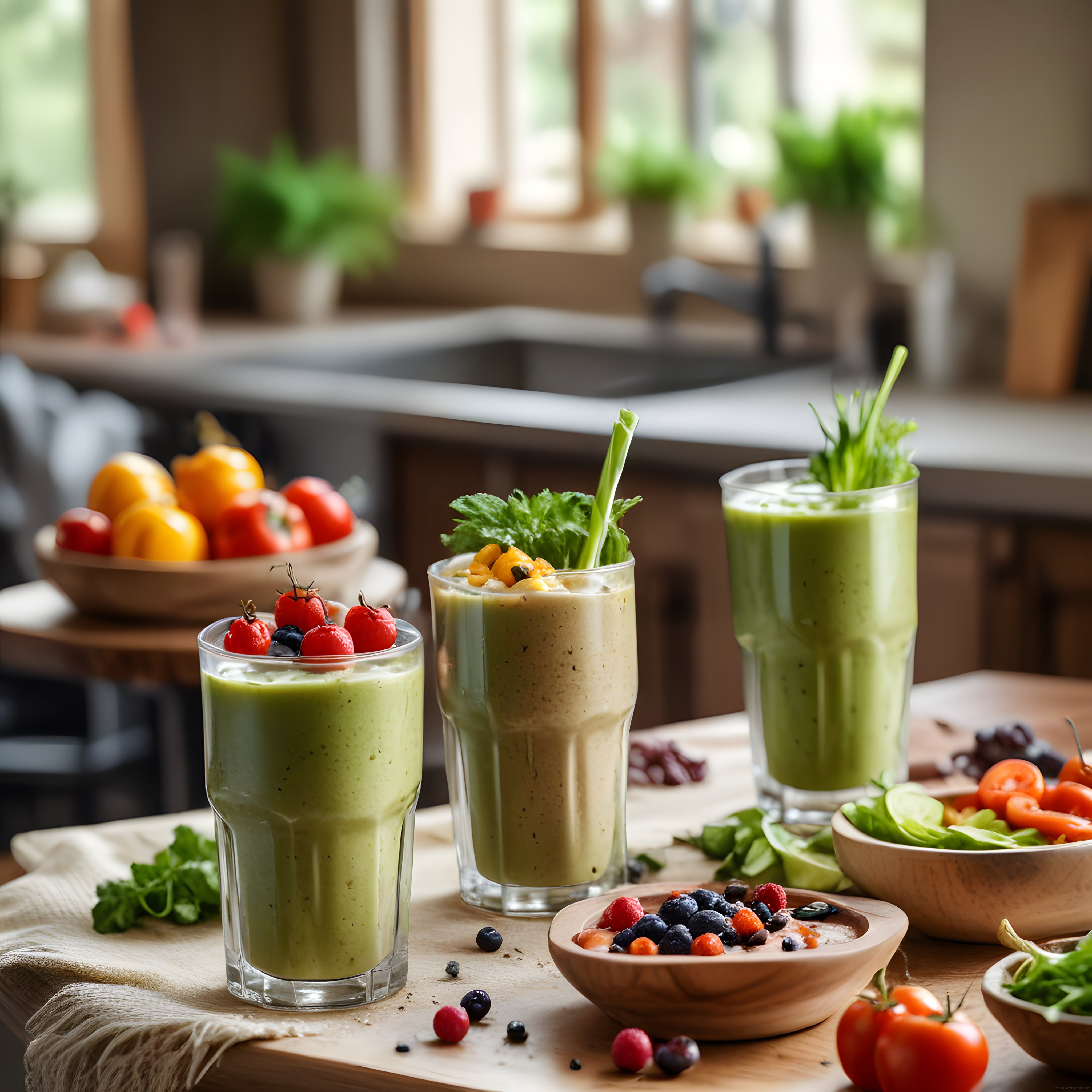 Ahşap Mutfakta Taze Sebze ve Meyveli Sağlıklı Yeşil Smoothie Sunumu