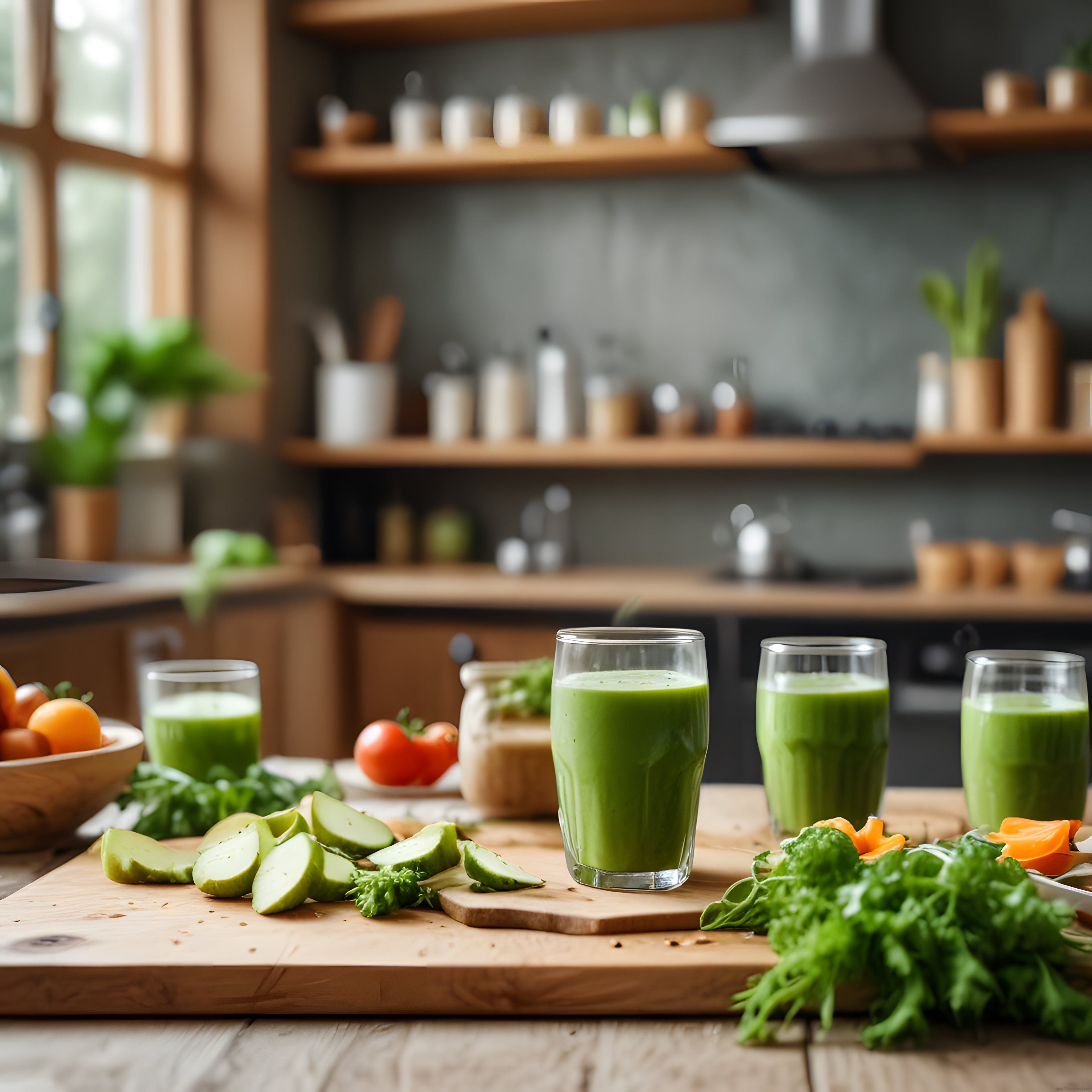 ahşap mutfakta taze yeşil detoks smoothie ve sağlıklı malzemeleri