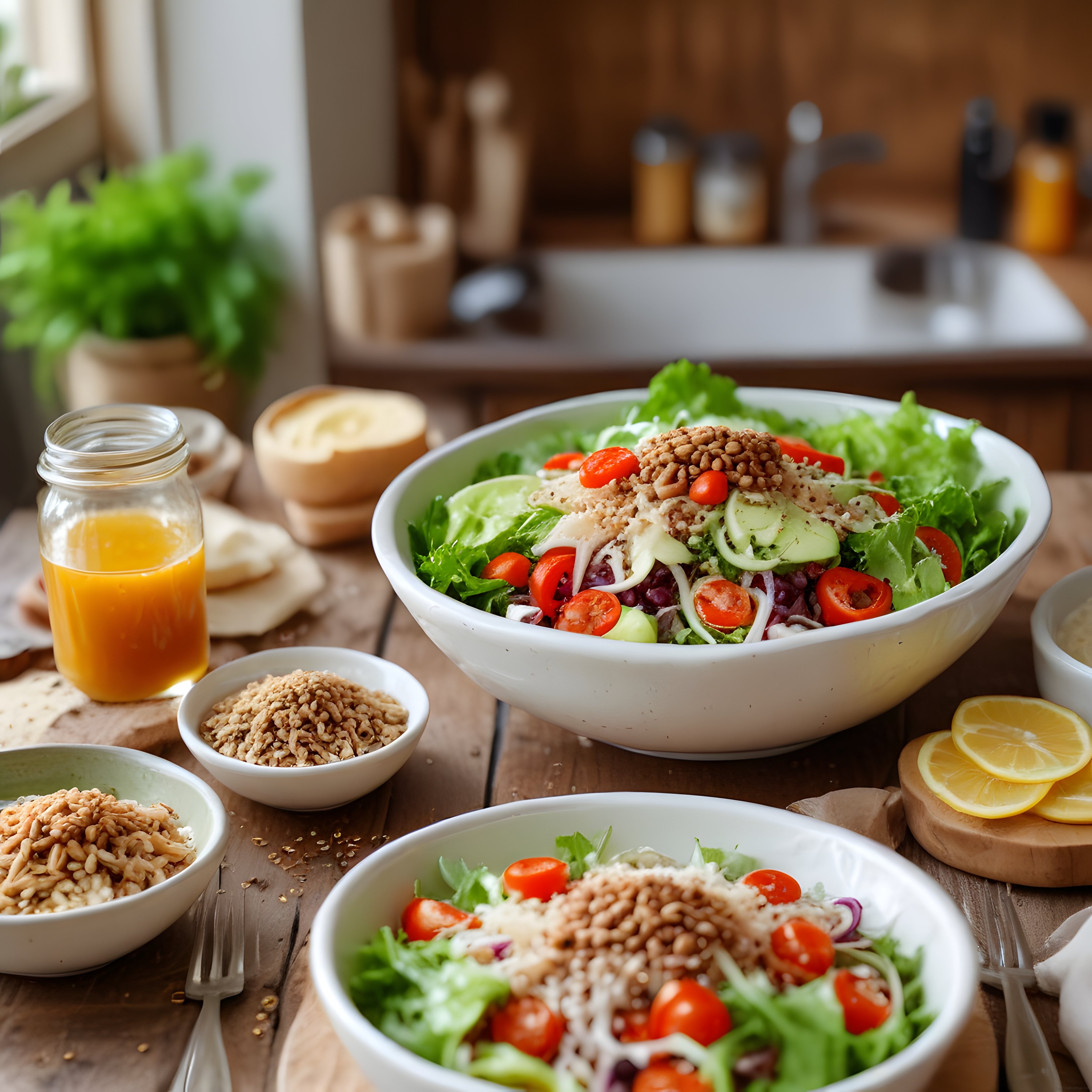 Ahşap Mutfakta Taze Yeşil Salata, Turuncu Sos ve Kavrulmuş Tohumlar