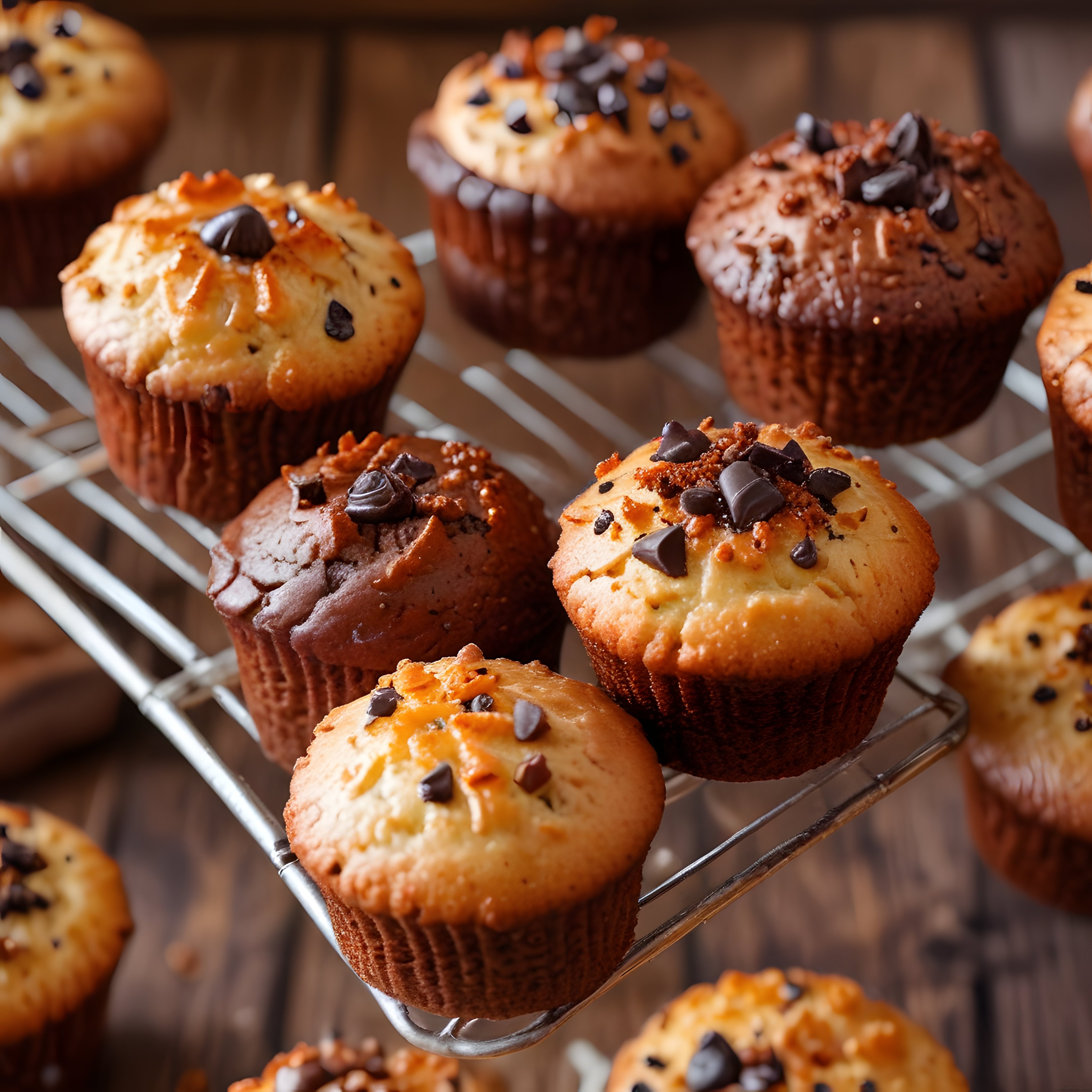 Ahşap Mutfakta Tel Raf Üzerinde Çikolatalı ve Karamelli Taze Muffinler