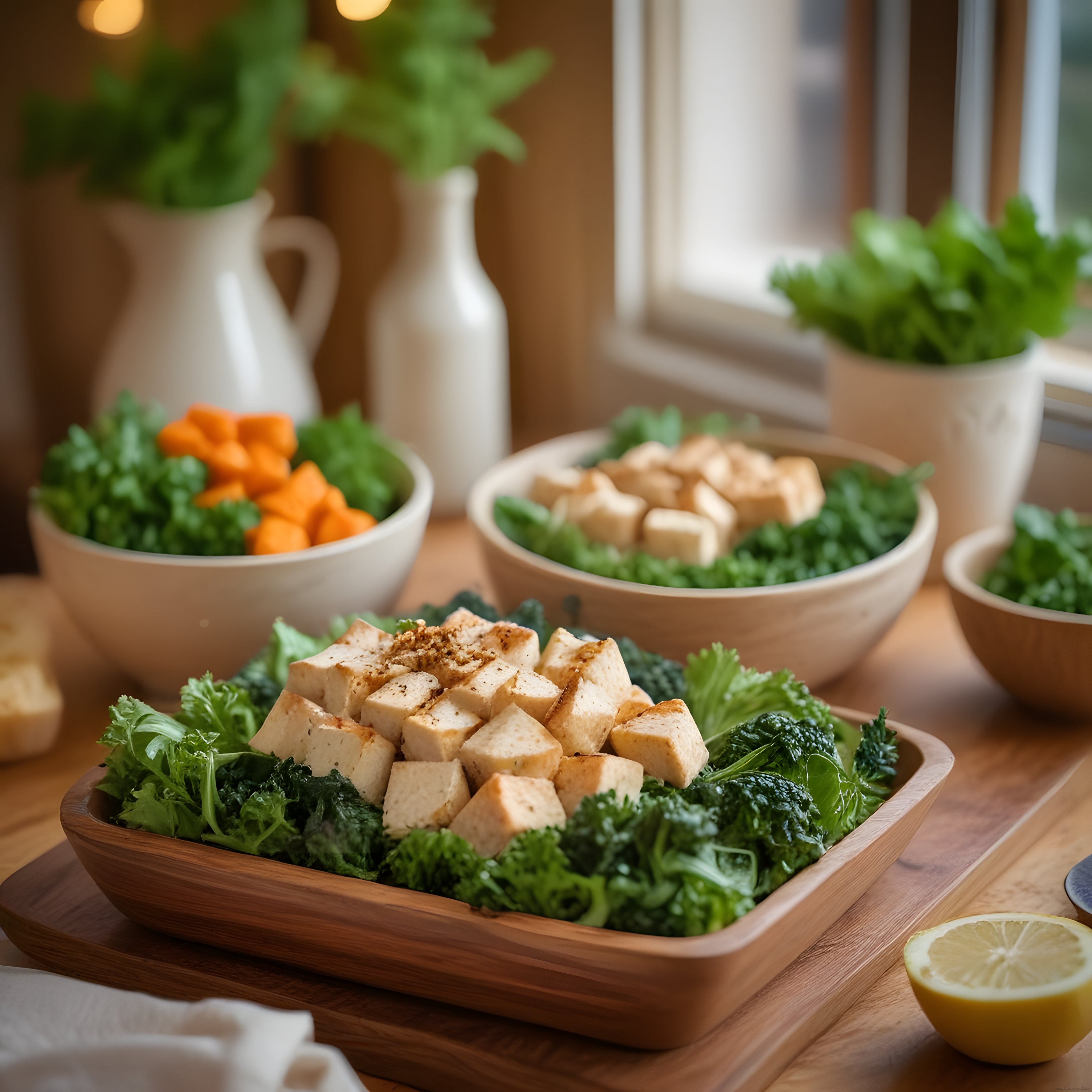Ahşap Mutfakta Tofu ve Taze Yeşilliklerle Sağlıklı Vegan Yemek Hazırlığı