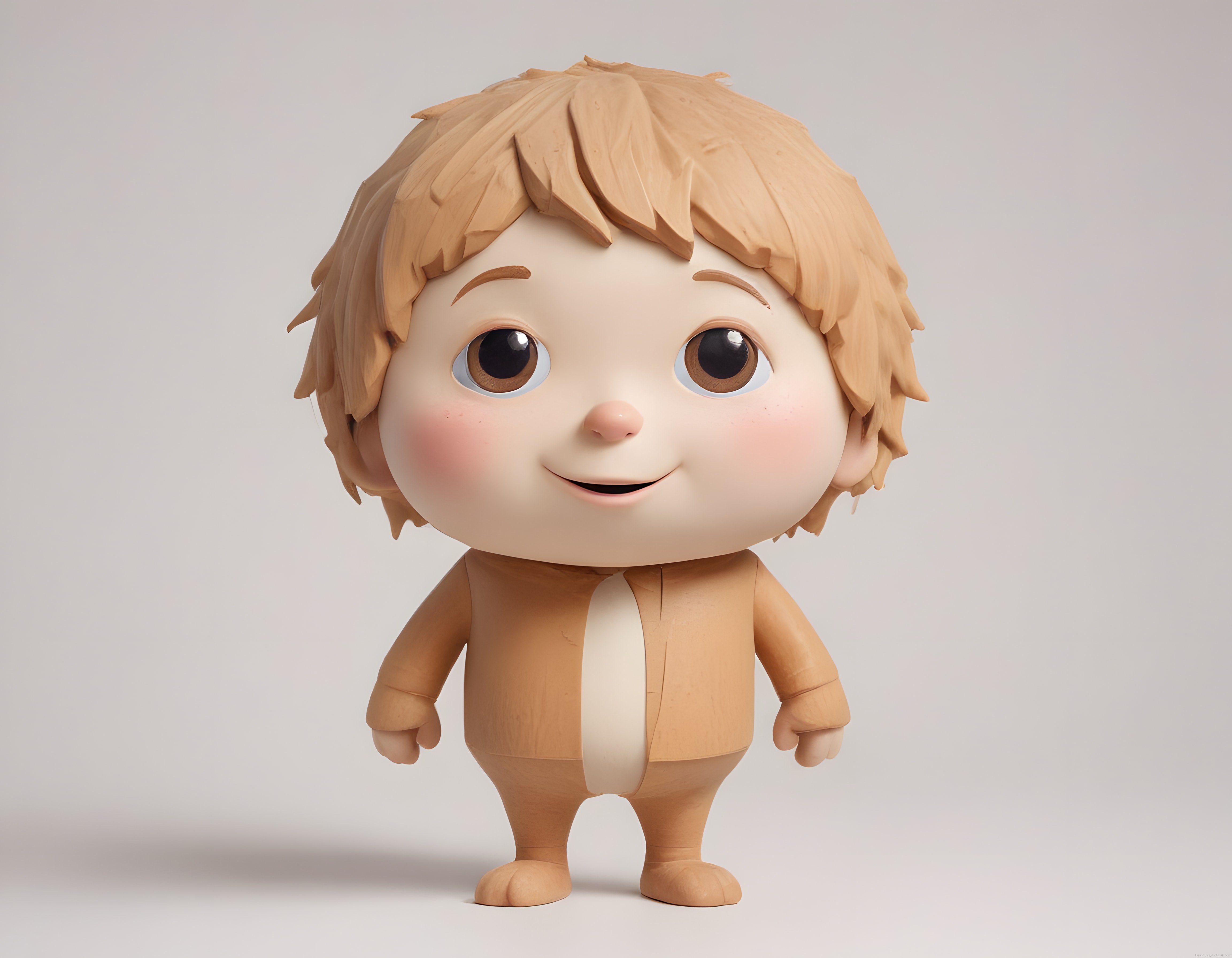 Ahşap Oyma Görünümlü Sevimli Chibi Erkek Çocuk Figürü 3D Render Sanatı